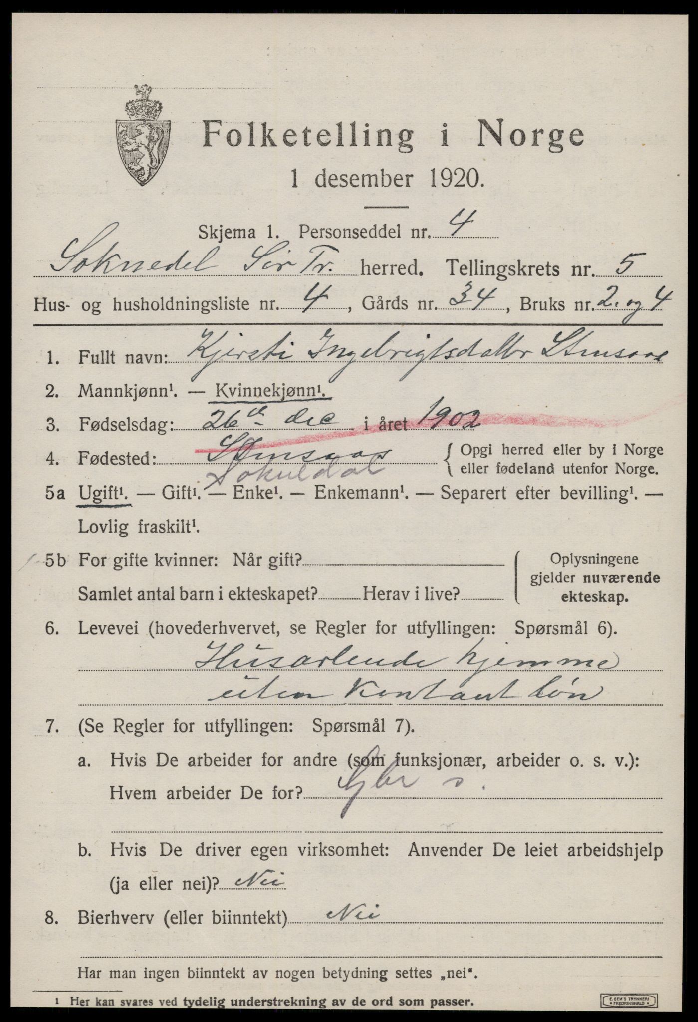 SAT, 1920 census for Soknedal, 1920, p. 2696