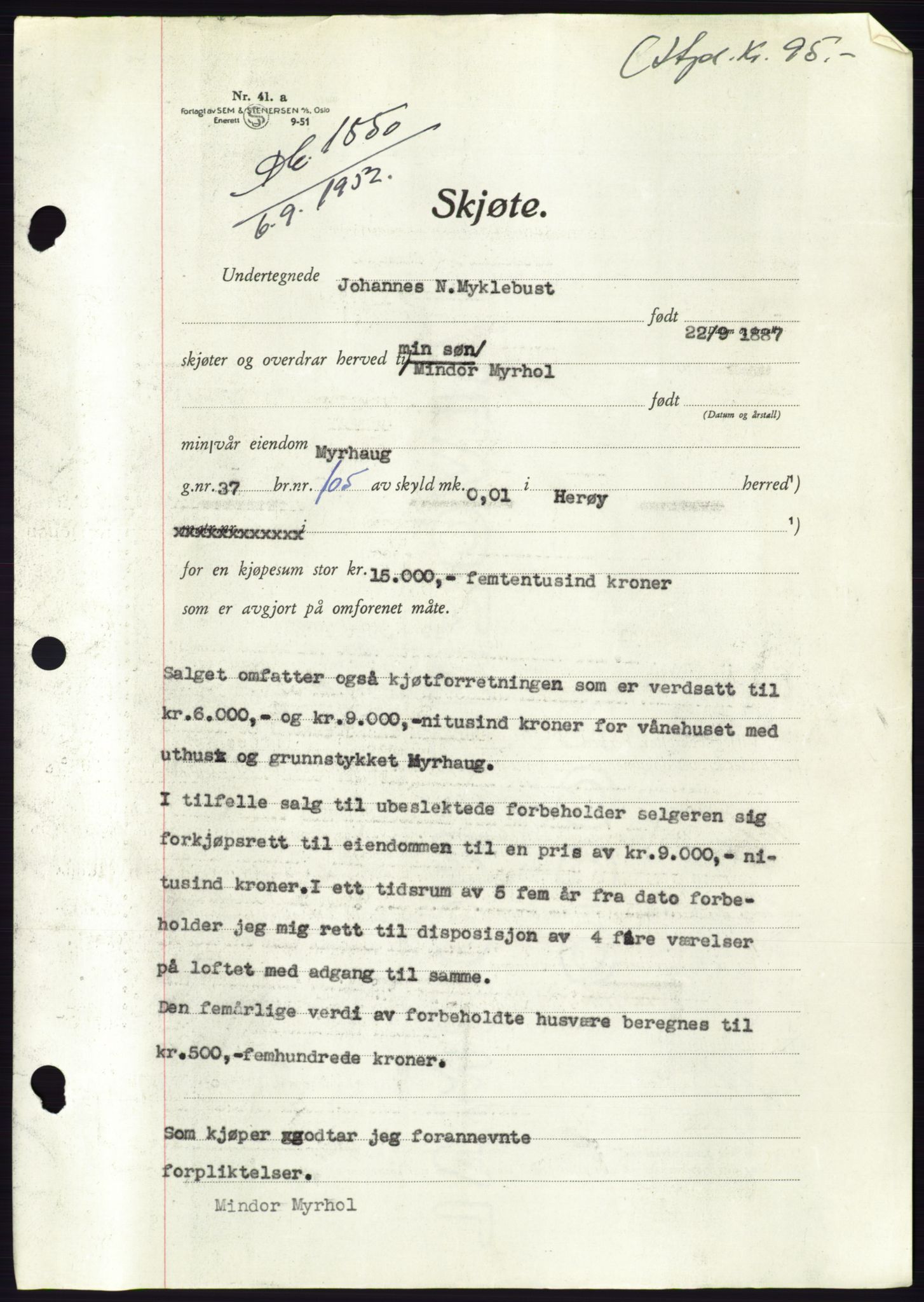 Søre Sunnmøre sorenskriveri, AV/SAT-A-4122/1/2/2C/L0092: Mortgage book no. 18A, 1952-1952, Diary no: : 1850/1952