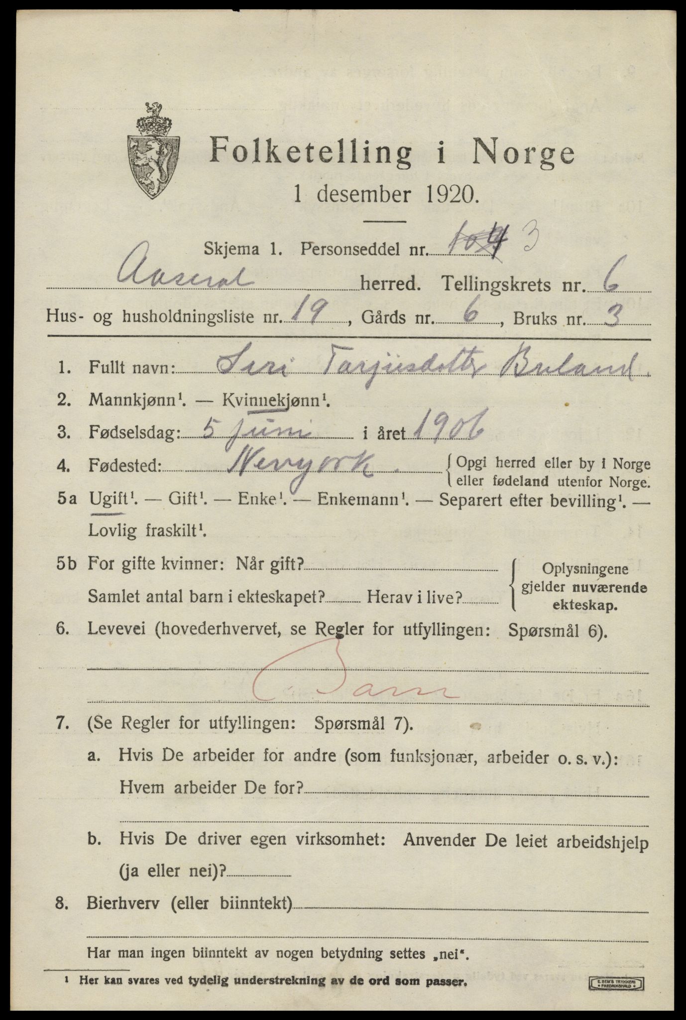SAK, 1920 census for Åseral, 1920, p. 2004