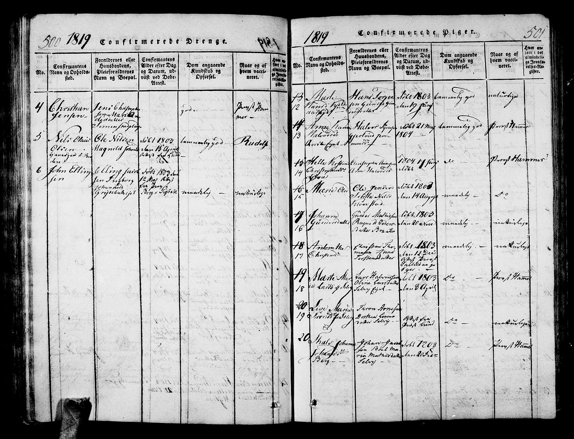 Sande Kirkebøker, SAKO/A-53/G/Ga/L0001: Parish register (copy) no. 1, 1814-1847, p. 500-501
