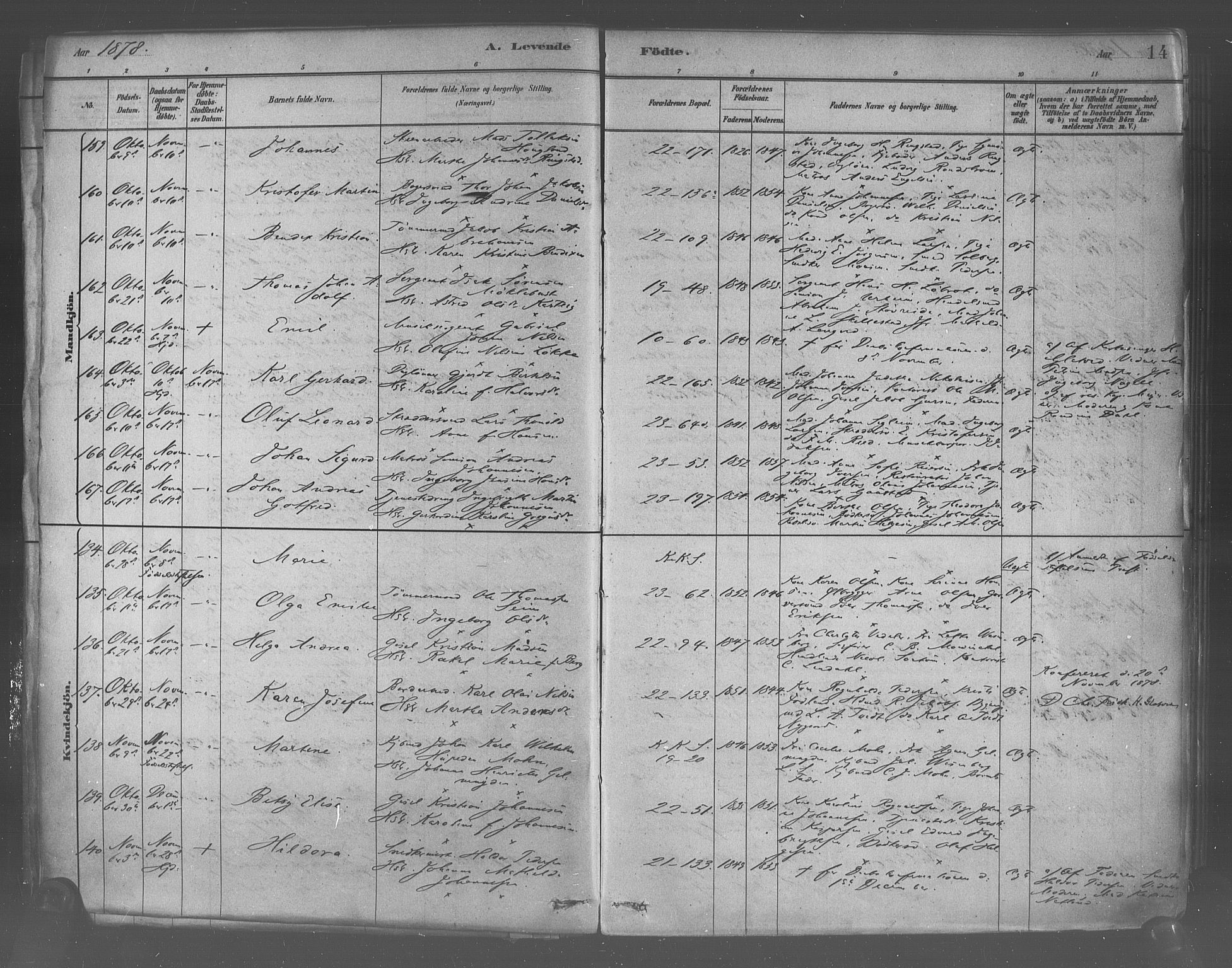 Korskirken sokneprestembete, AV/SAB-A-76101/H/Haa/L0021: Parish register (official) no. B 7, 1878-1889, p. 14