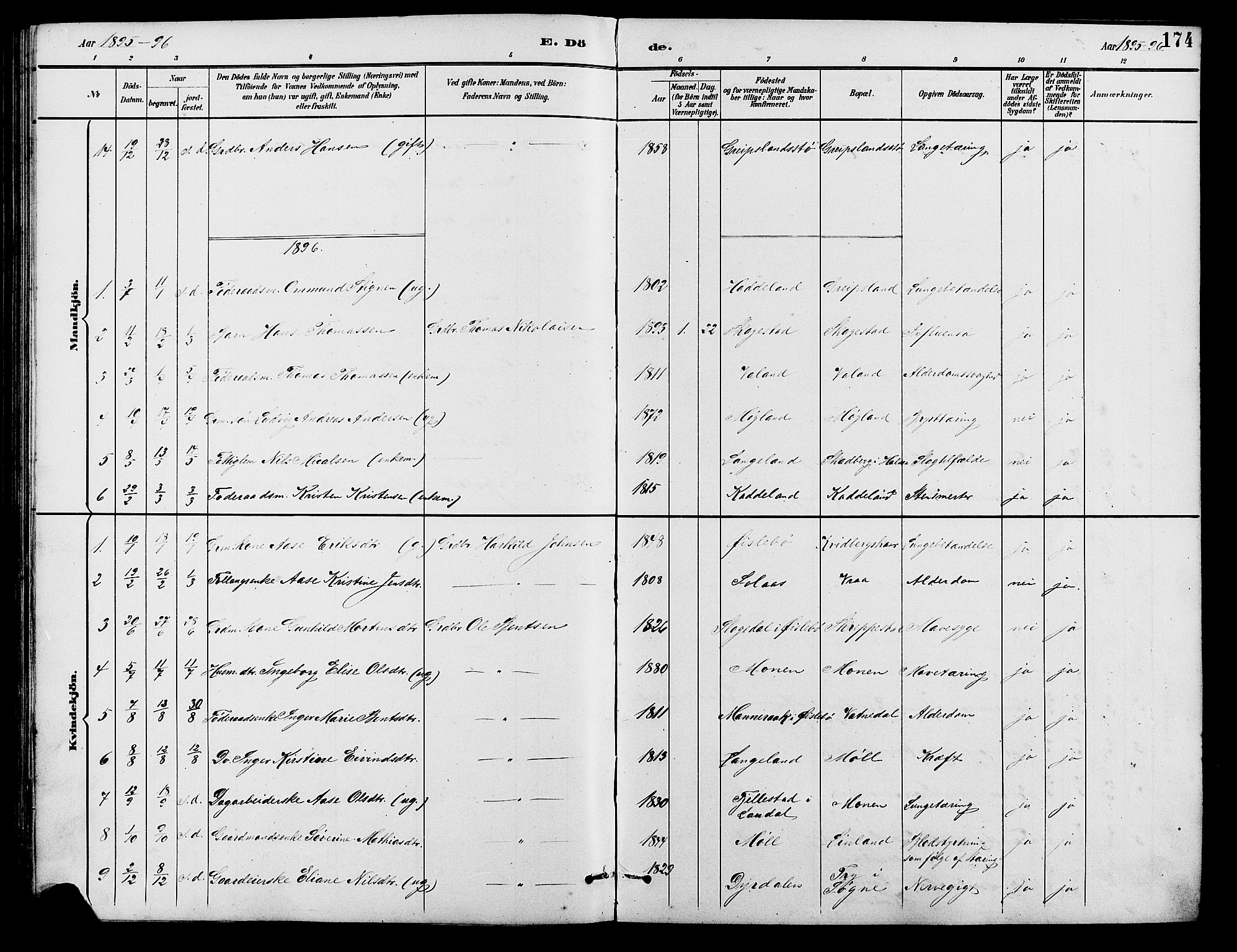 Holum sokneprestkontor, SAK/1111-0022/F/Fb/Fba/L0005: Parish register (copy) no. B 5, 1891-1909, p. 174