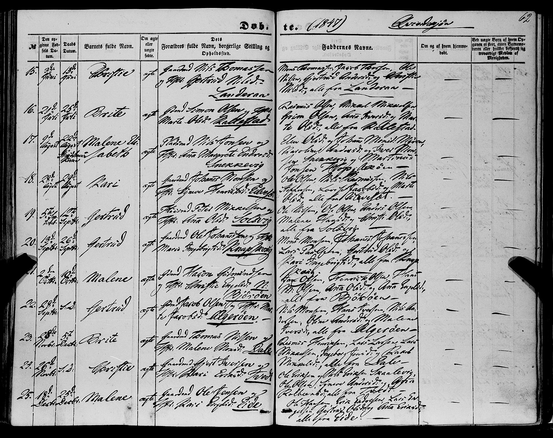 Fjell sokneprestembete, SAB/A-75301/H/Haa: Parish register (official) no. A 2, 1847-1864, p. 62