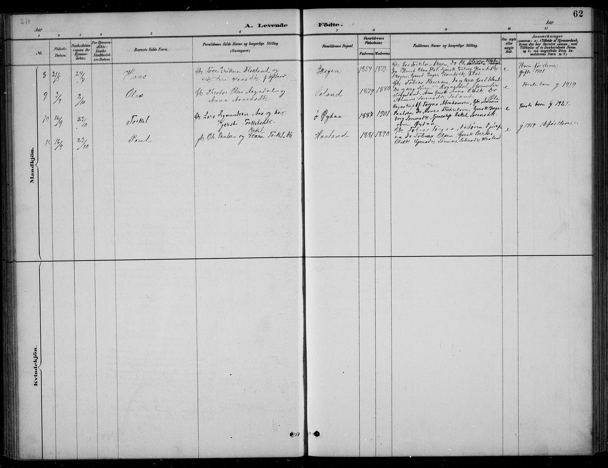 Bjelland sokneprestkontor, SAK/1111-0005/F/Fb/Fbc/L0003: Parish register (copy) no. B 3, 1887-1924, p. 62