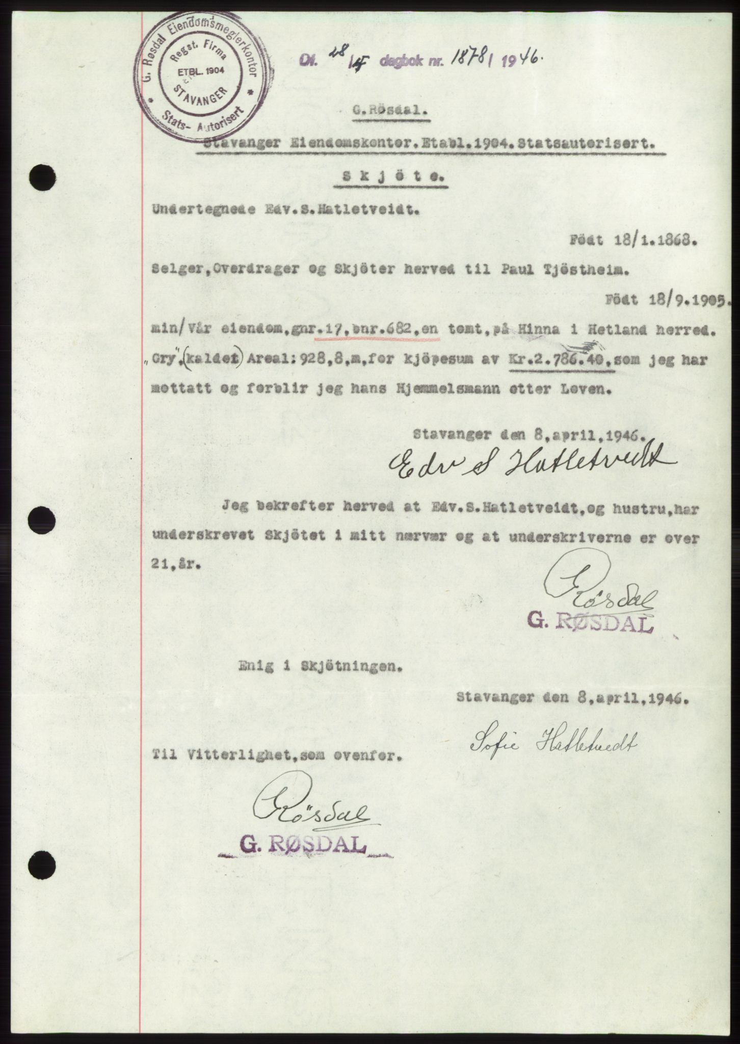 Jæren sorenskriveri, SAST/A-100310/03/G/Gba/L0090: Mortgage book, 1946-1946, Diary no: : 1878/1946