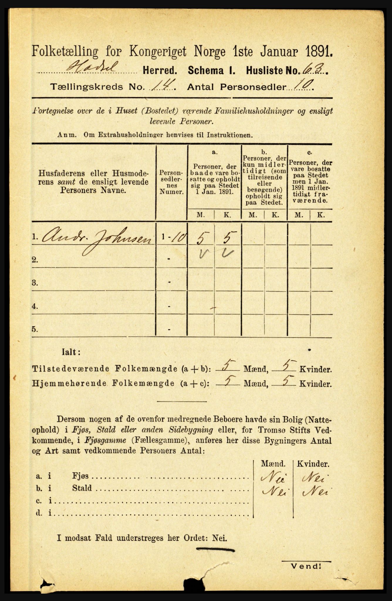 RA, 1891 census for 1866 Hadsel, 1891, p. 6316