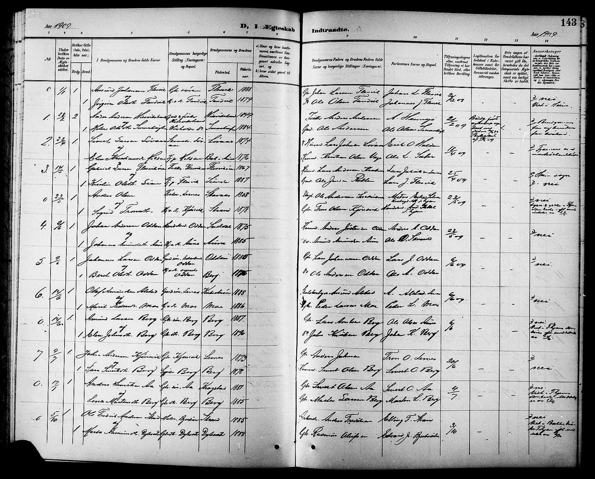 Ministerialprotokoller, klokkerbøker og fødselsregistre - Sør-Trøndelag, SAT/A-1456/630/L0505: Parish register (copy) no. 630C03, 1899-1914, p. 143