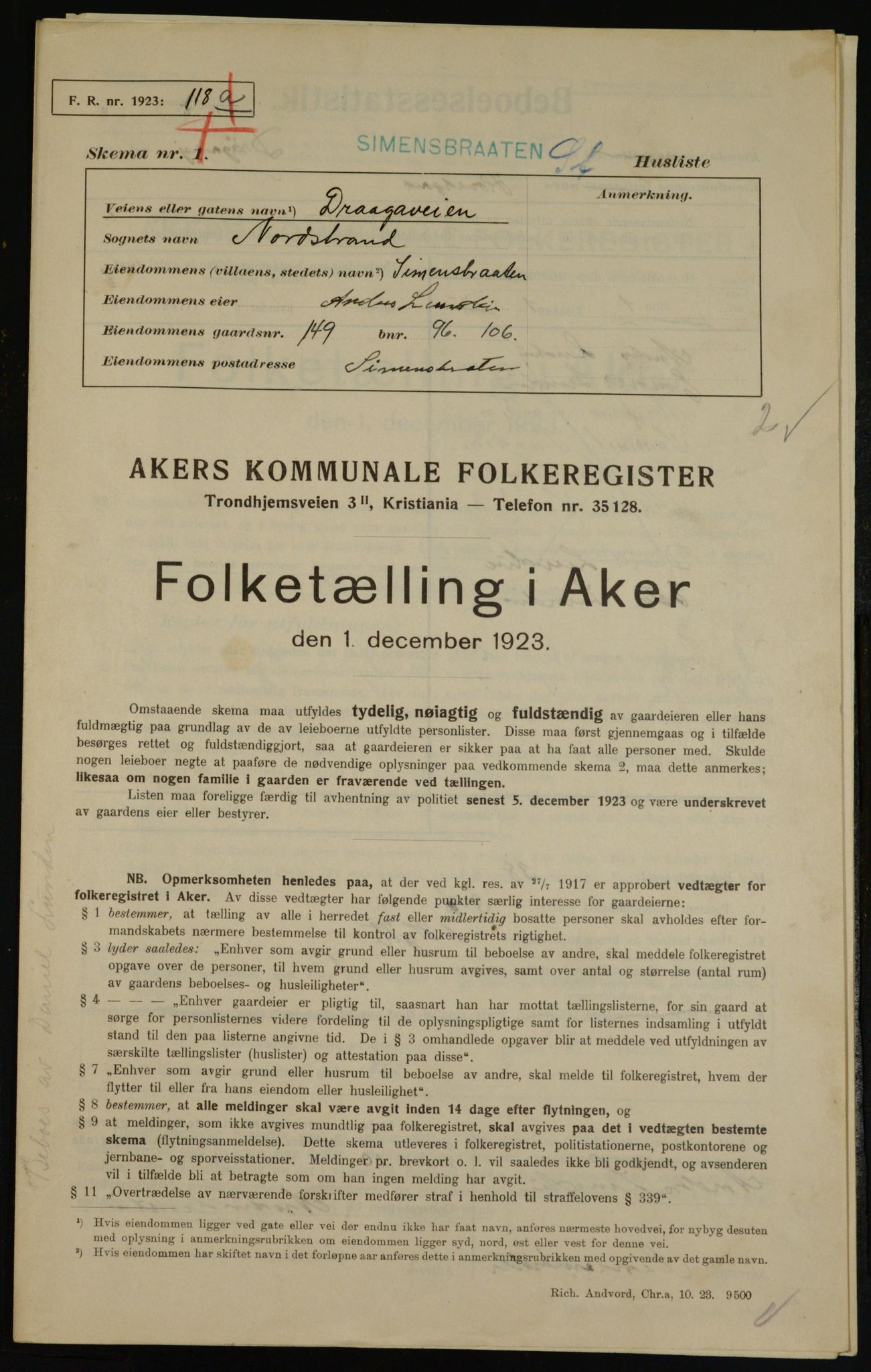 , Municipal Census 1923 for Aker, 1923, p. 37306