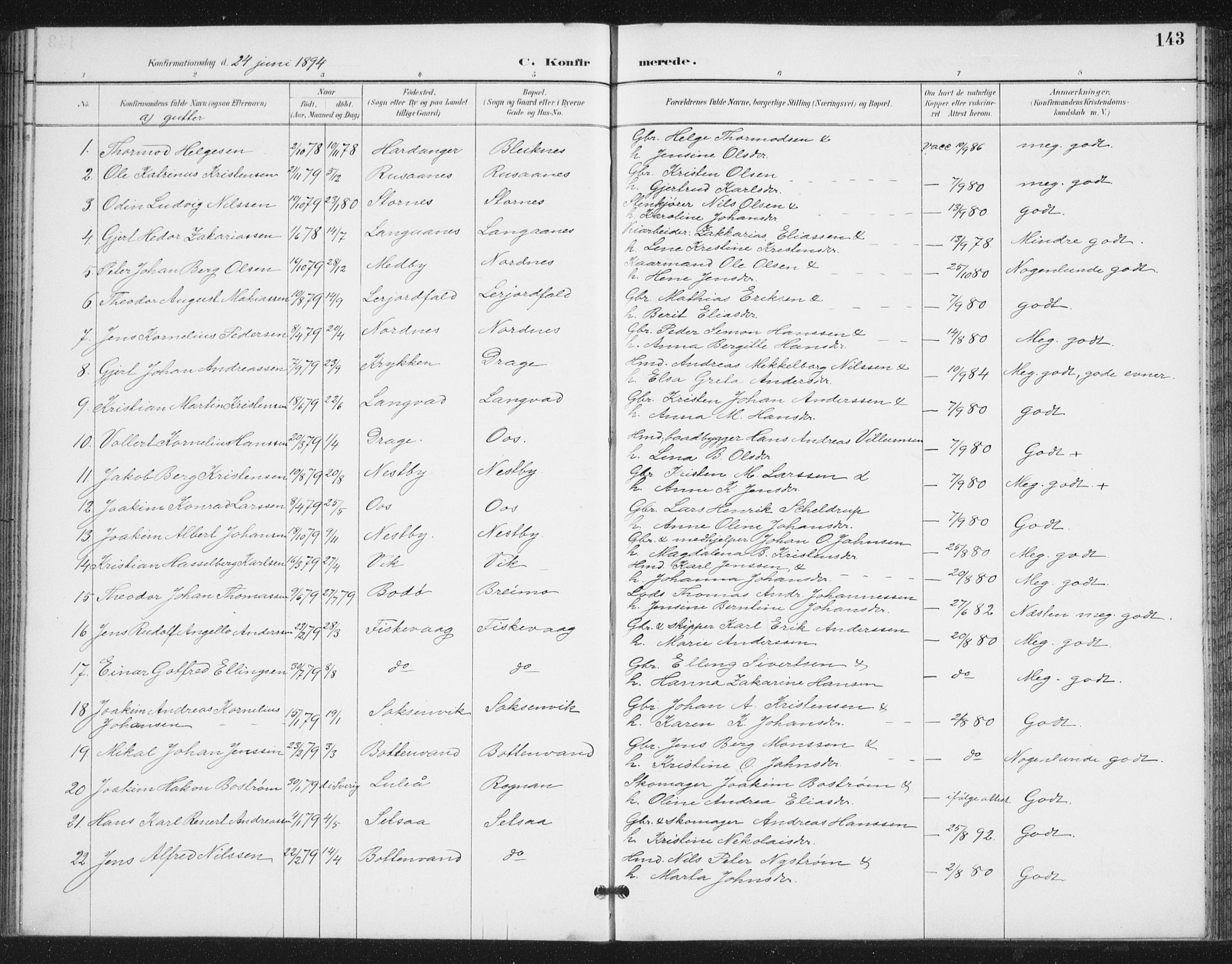 Ministerialprotokoller, klokkerbøker og fødselsregistre - Nordland, SAT/A-1459/847/L0682: Parish register (copy) no. 847C10, 1889-1907, p. 143