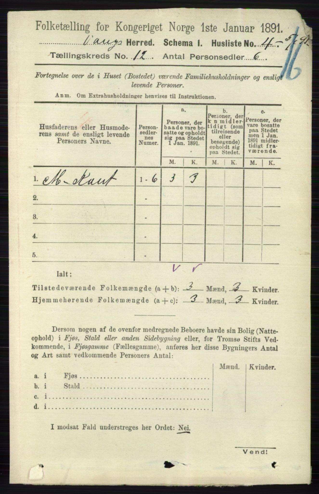 RA, 1891 census for 0545 Vang, 1891, p. 2616