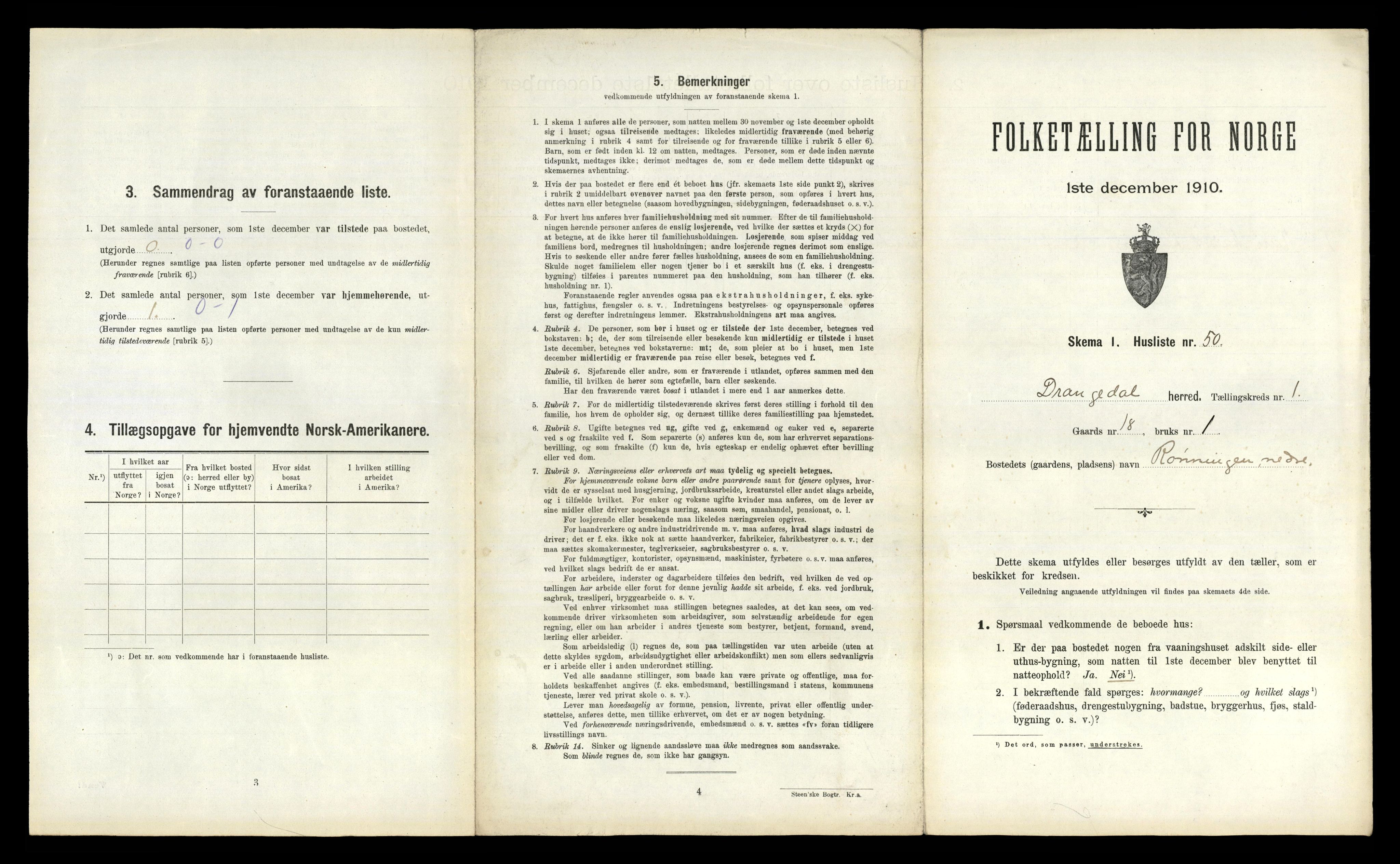 RA, 1910 census for Drangedal, 1910, p. 157