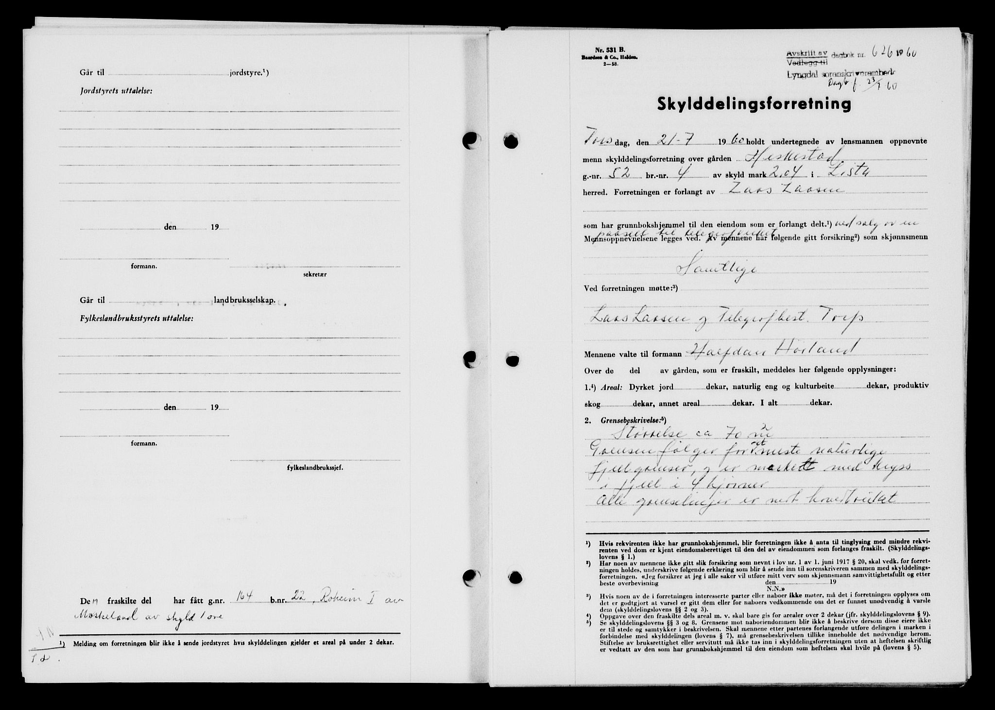 Lyngdal sorenskriveri, AV/SAK-1221-0004/G/Gb/L0680: Mortgage book no. A XXVI, 1960-1960, Diary no: : 626/1960