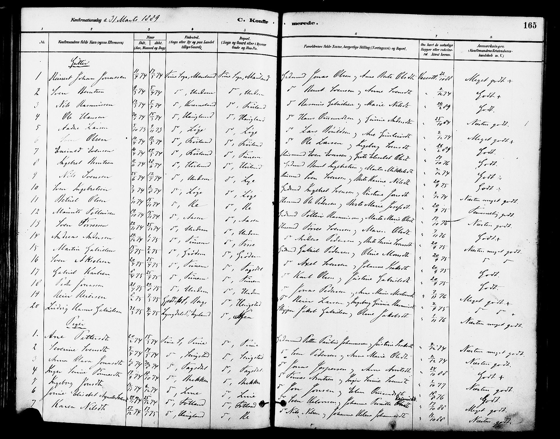 Lye sokneprestkontor, SAST/A-101794/001/30BA/L0009: Parish register (official) no. A 8, 1881-1892, p. 165