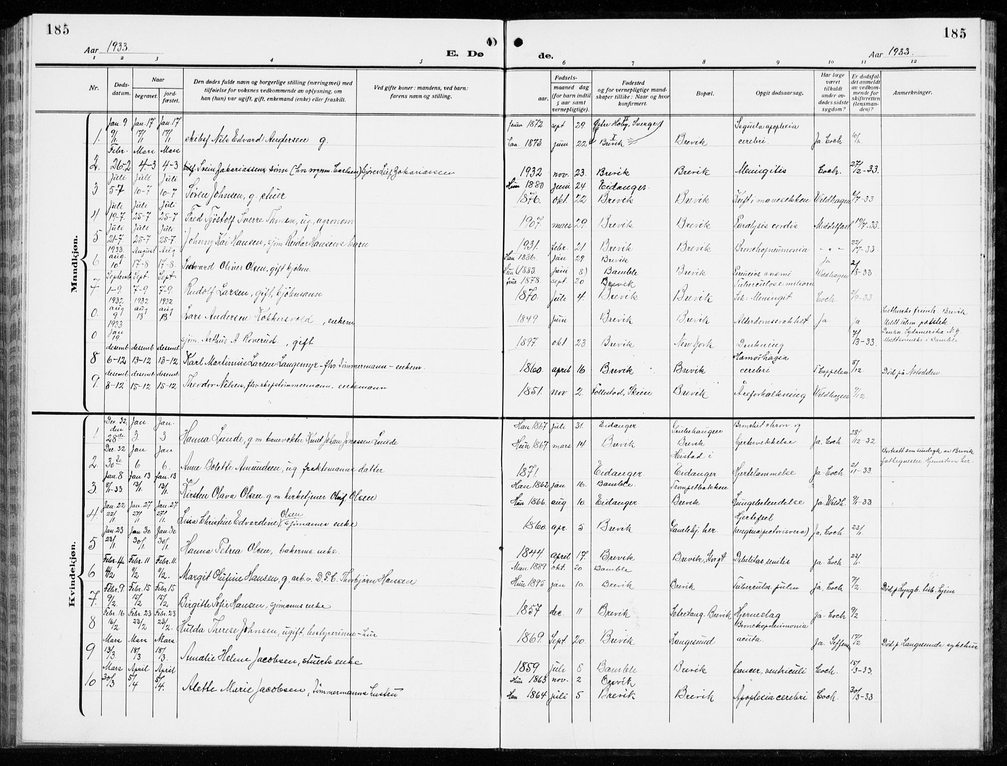Brevik kirkebøker, AV/SAKO-A-255/G/Ga/L0006: Parish register (copy) no. 6, 1922-1940, p. 185