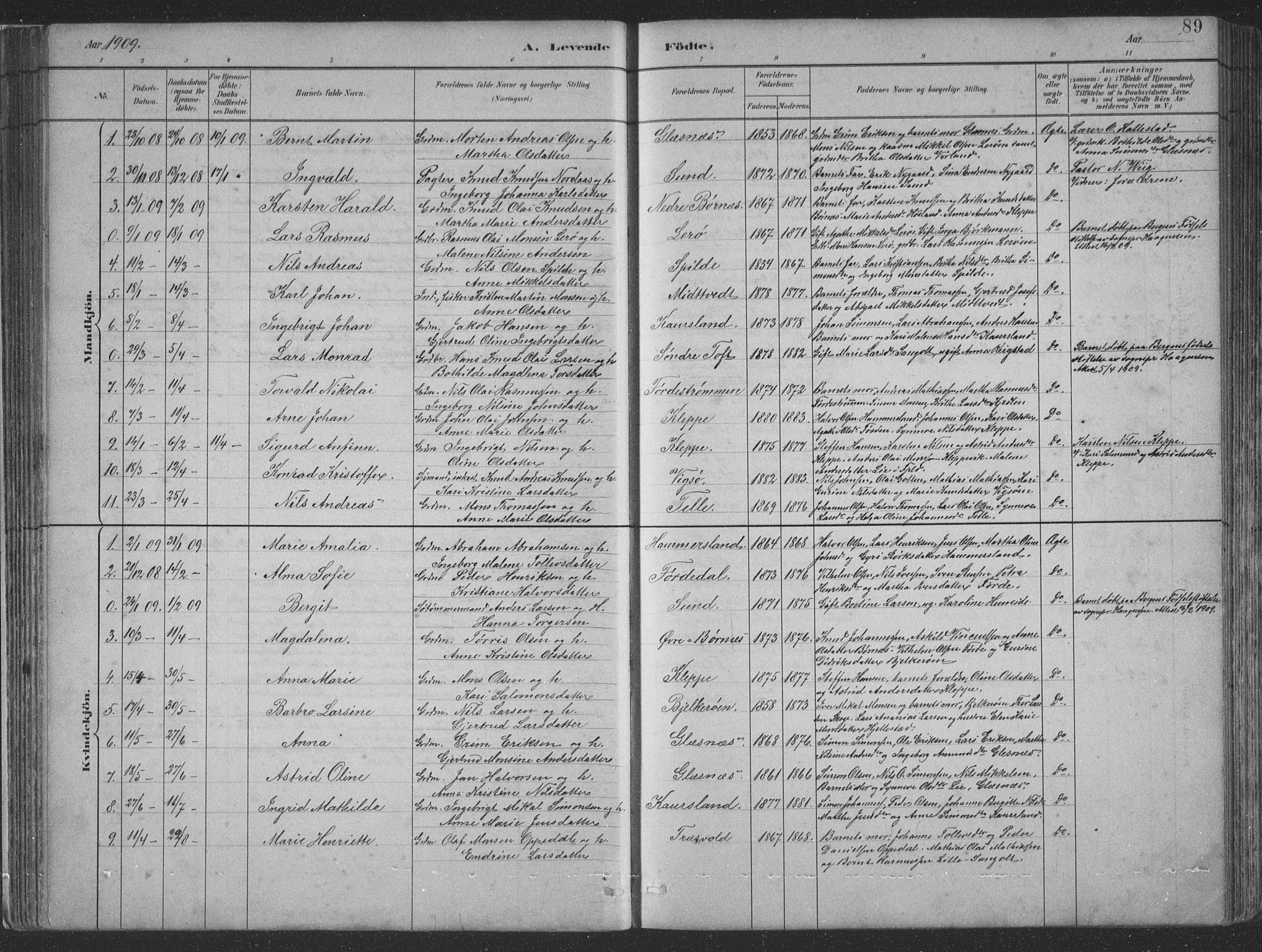 Sund sokneprestembete, SAB/A-99930: Parish register (copy) no. B 3, 1882-1911, p. 89