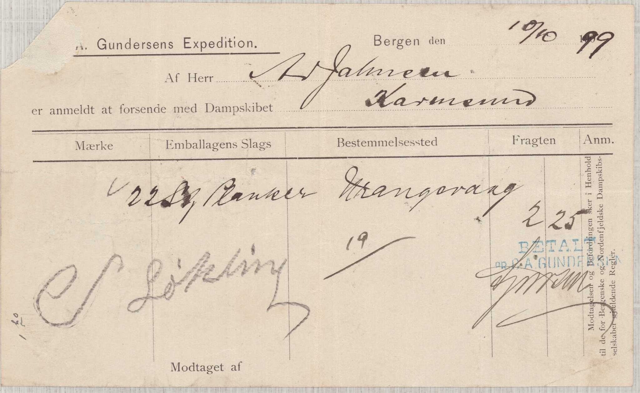 Finnaas kommune. Formannskapet, IKAH/1218a-021/E/Ea/L0002/0001: Rekneskap for veganlegg / Rekneskap for veganlegget Urangsvåg - Mælandsvåg, 1898-1900, p. 83