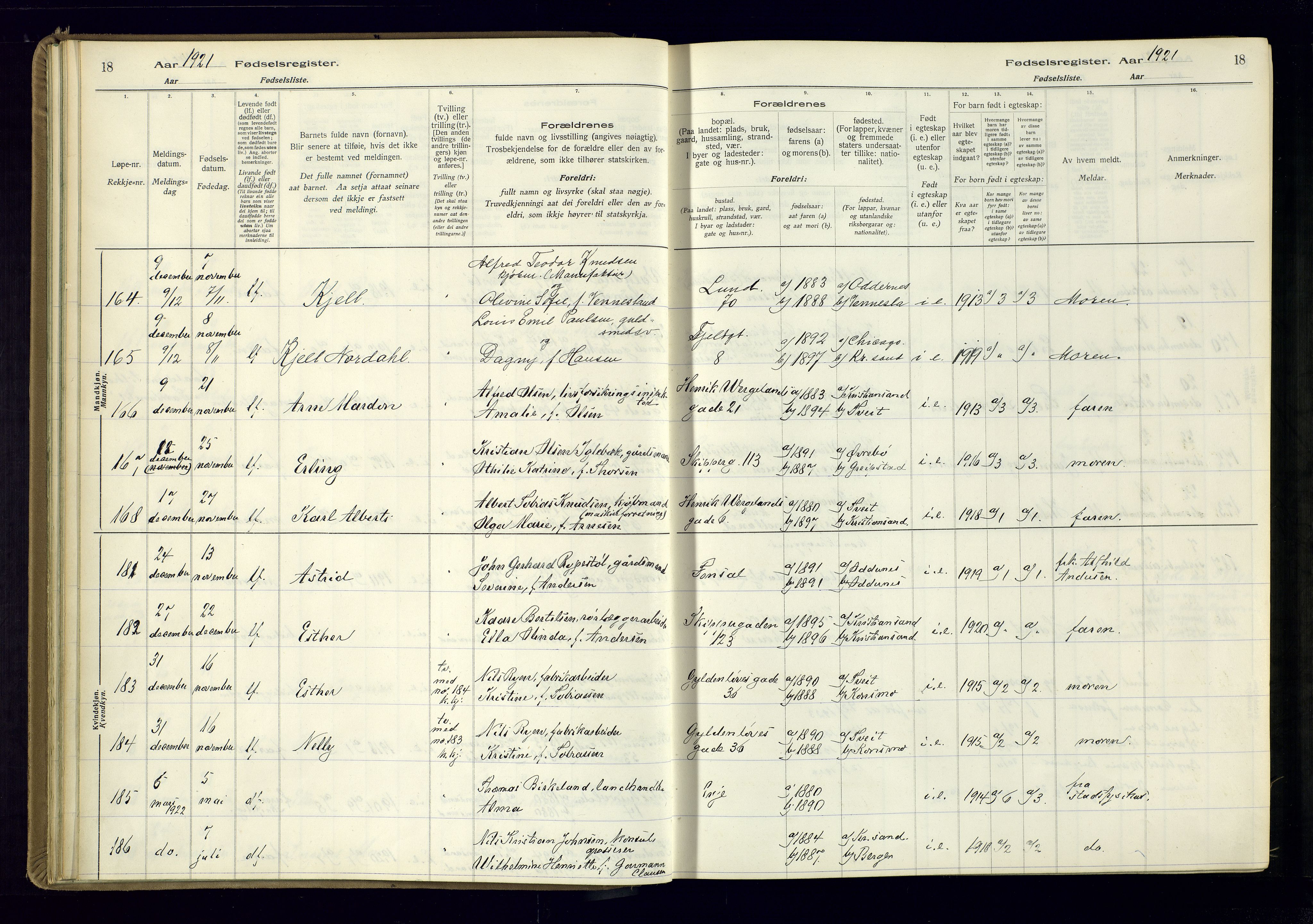 Kristiansand domprosti, AV/SAK-1112-0006/J/Jc/L0002: Birth register no. A-VI-46, 1921-1926, p. 18