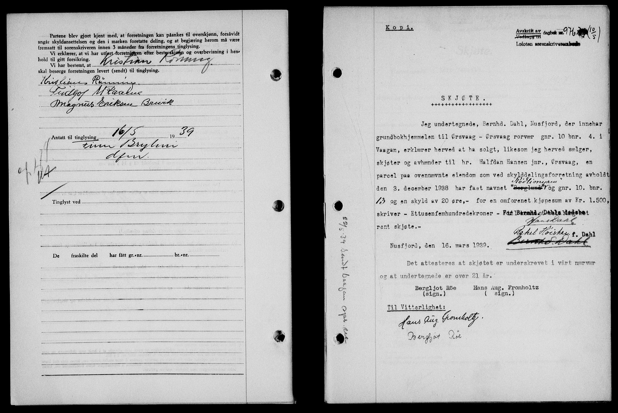 Lofoten sorenskriveri, SAT/A-0017/1/2/2C/L0005a: Mortgage book no. 5a, 1939-1939, Diary no: : 976/1939