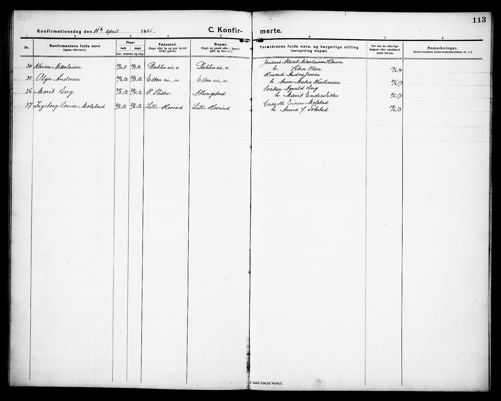 Stange prestekontor, AV/SAH-PREST-002/L/L0015: Parish register (copy) no. 15, 1916-1928, p. 113