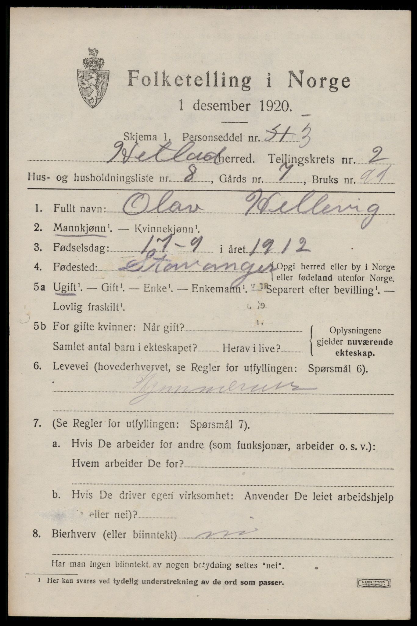 SAST, 1920 census for Hetland, 1920, p. 4101