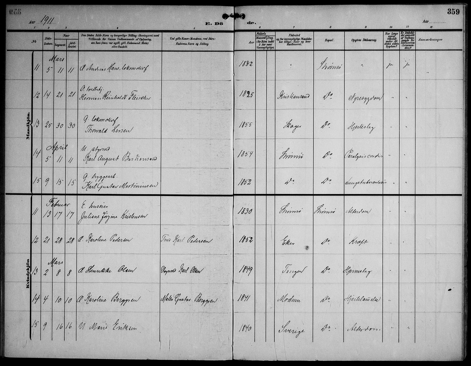 Strømsø kirkebøker, AV/SAKO-A-246/F/Fa/L0026: Parish register (official) no. I 26, 1905-1914, p. 359