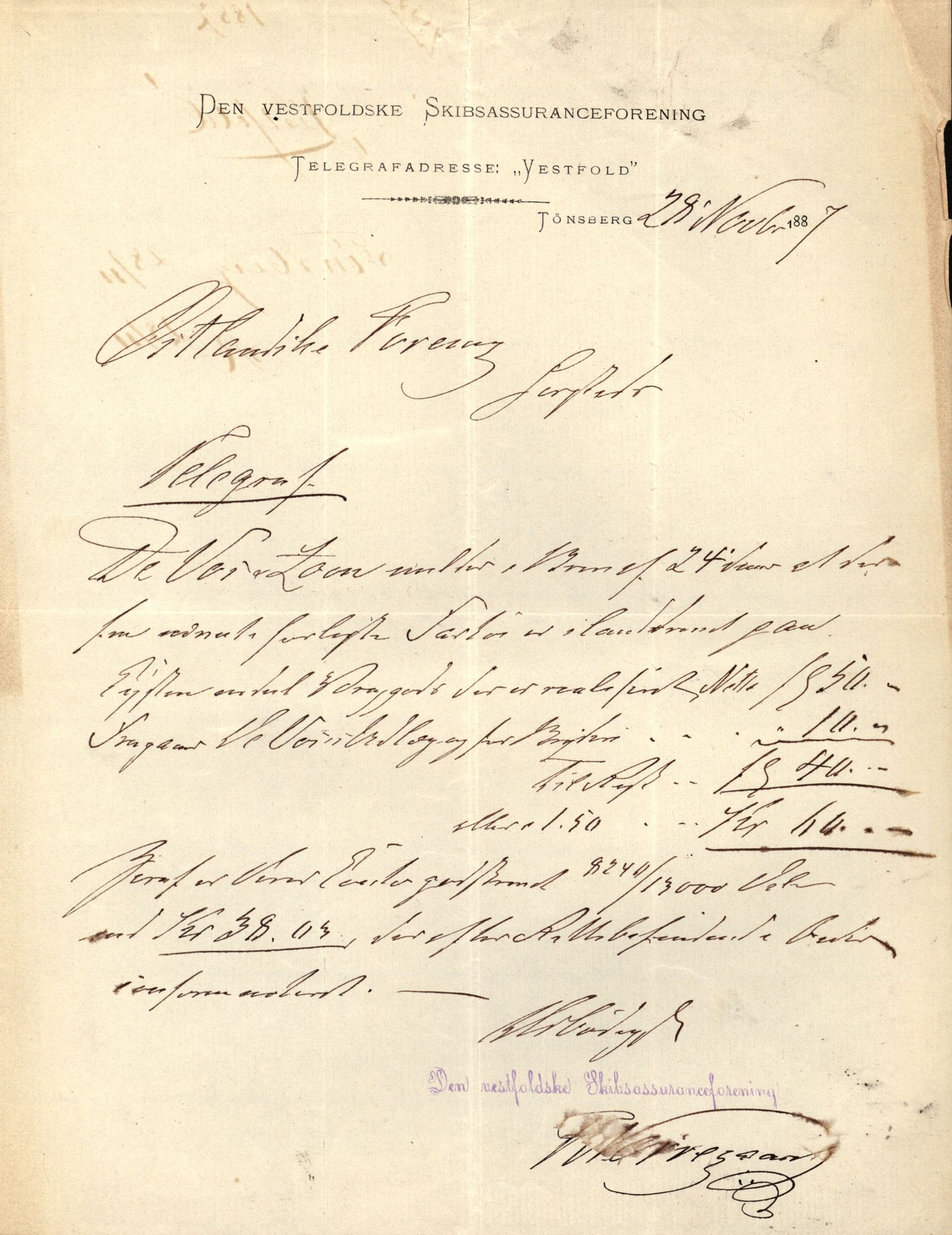 Pa 63 - Østlandske skibsassuranceforening, VEMU/A-1079/G/Ga/L0020/0010: Havaridokumenter / Anna, Silome, Oscarsborg, Memoria, Telegraf, 1887, p. 40