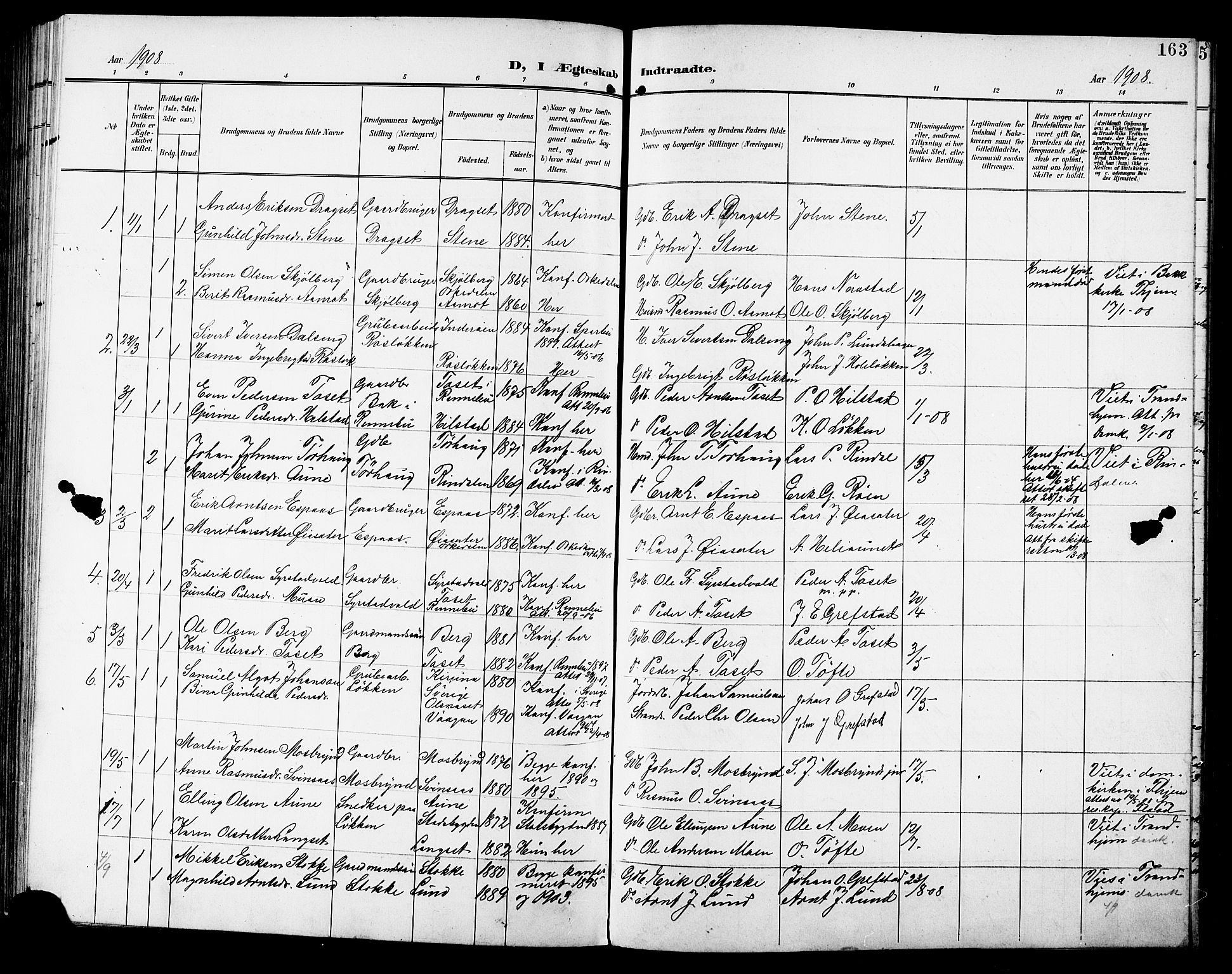 Ministerialprotokoller, klokkerbøker og fødselsregistre - Sør-Trøndelag, SAT/A-1456/672/L0864: Parish register (copy) no. 672C03, 1902-1914, p. 163