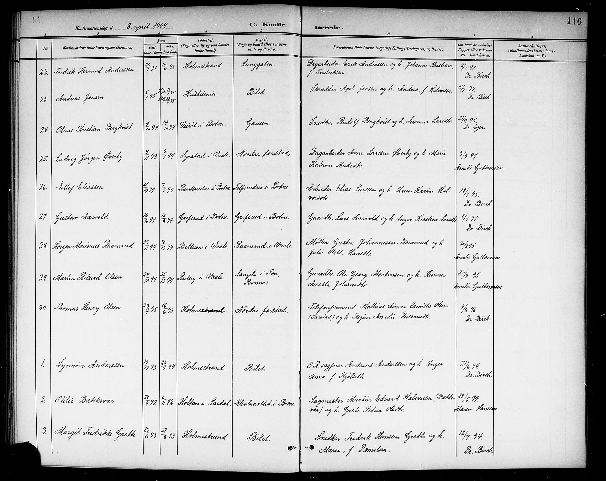 Holmestrand kirkebøker, AV/SAKO-A-346/G/Ga/L0006: Parish register (copy) no. 6, 1901-1923, p. 116