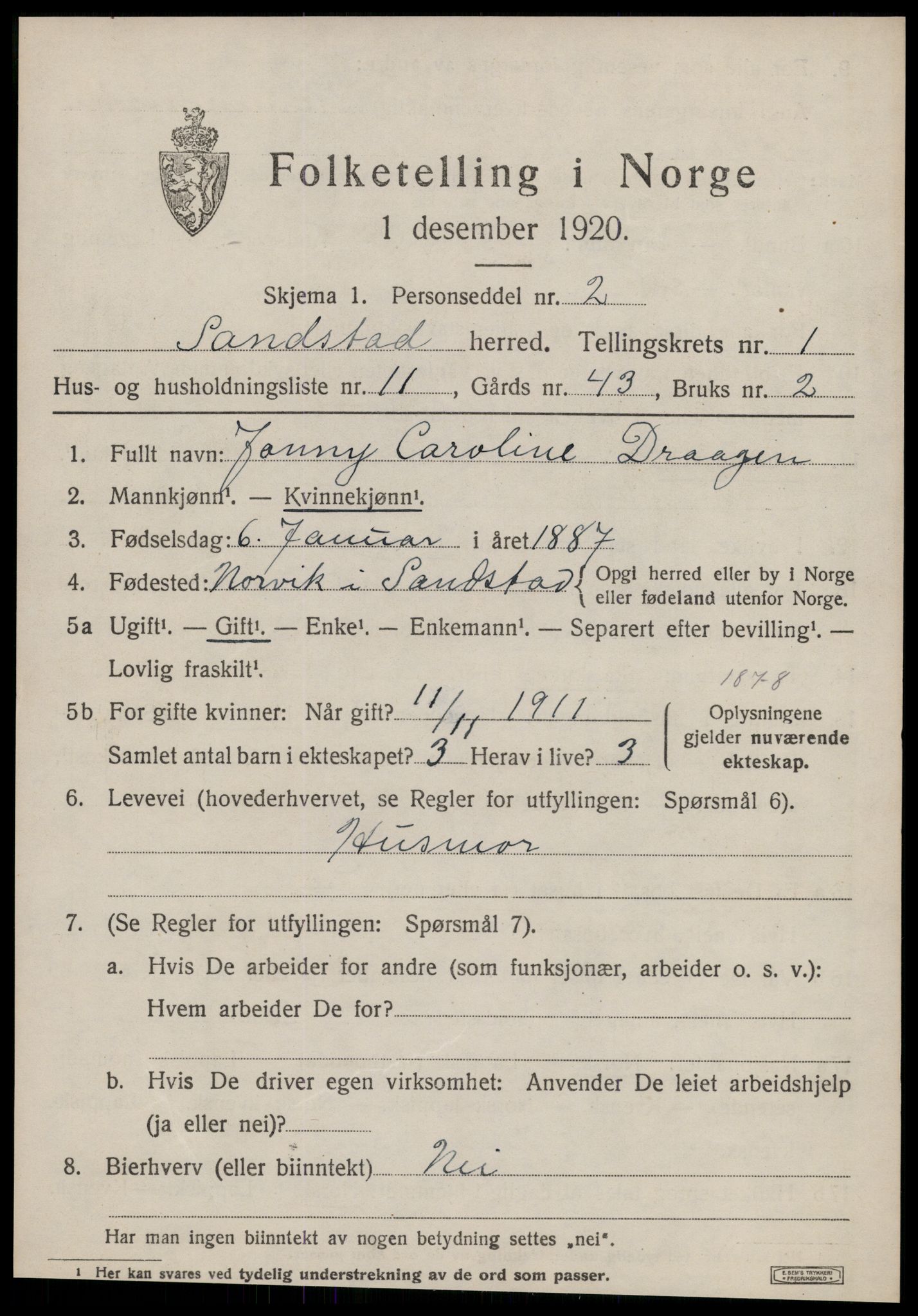 SAT, 1920 census for Sandstad, 1920, p. 517