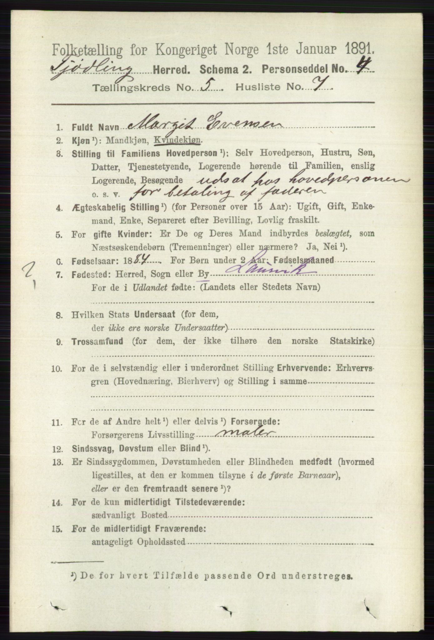 RA, 1891 census for 0725 Tjølling, 1891, p. 2020