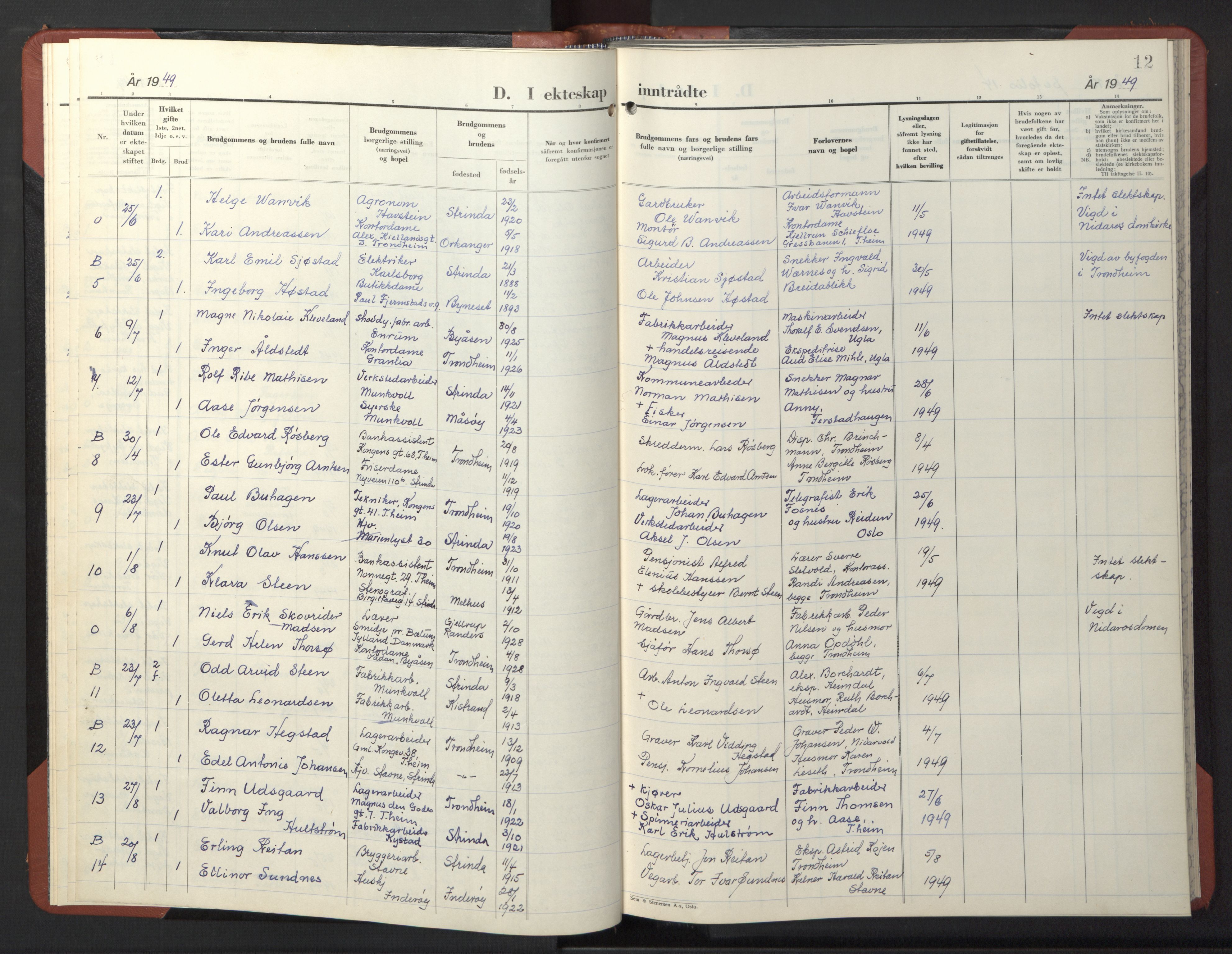 Ministerialprotokoller, klokkerbøker og fødselsregistre - Sør-Trøndelag, SAT/A-1456/611/L0359: Parish register (copy) no. 611C07, 1947-1950, p. 12