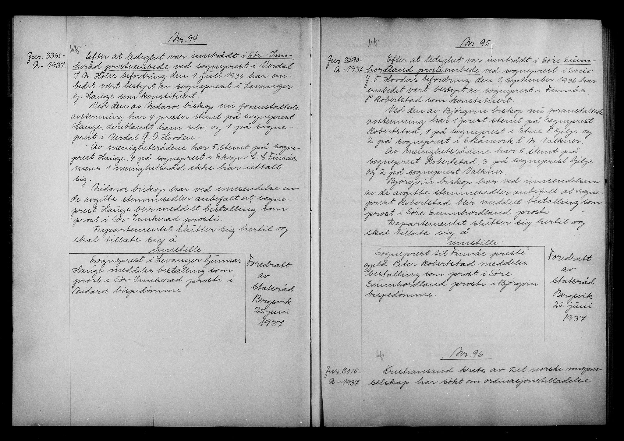 Kirke- og undervisningsdepartementet, Kontoret  for kirke og geistlighet A, AV/RA-S-1007/A/Aa/L0357: Referatprotokoll m/register, bd. 2. Ref.nr. 94-181, 1937