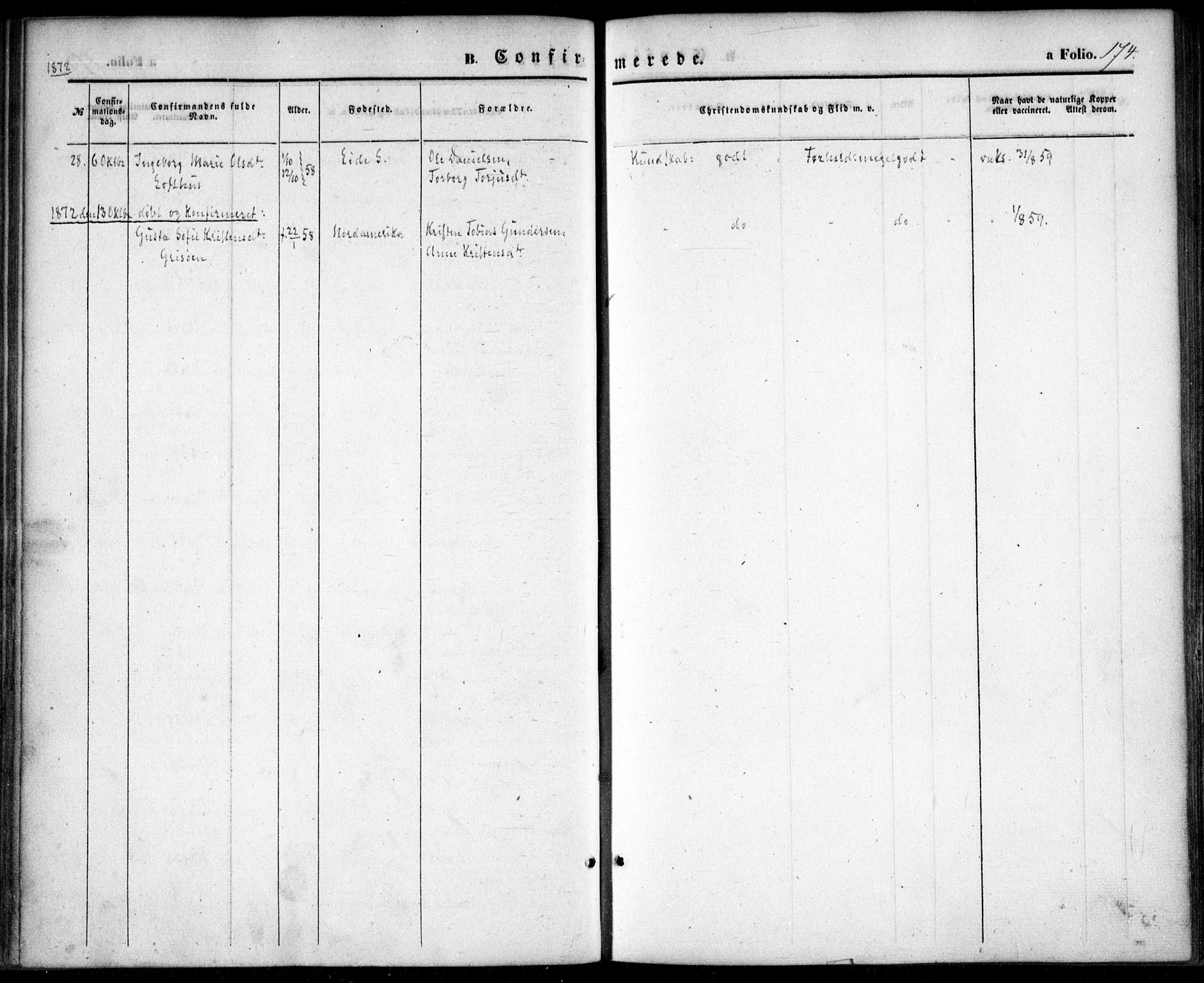 Vestre Moland sokneprestkontor, AV/SAK-1111-0046/F/Fa/Fab/L0007: Parish register (official) no. A 7, 1859-1872, p. 174