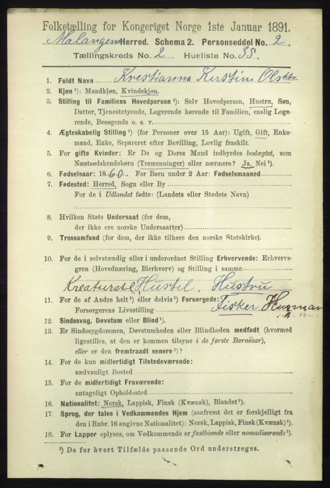 RA, 1891 census for 1932 Malangen, 1891, p. 685