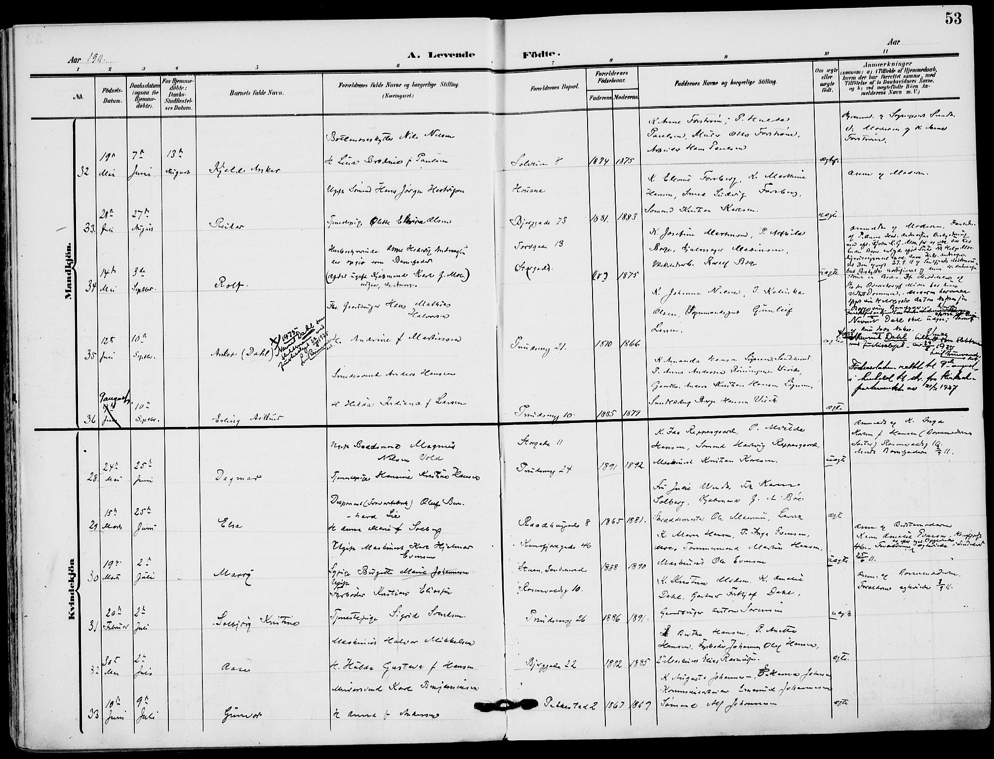 Sandefjord kirkebøker, AV/SAKO-A-315/F/Fa/L0005: Parish register (official) no. 5, 1906-1915, p. 53