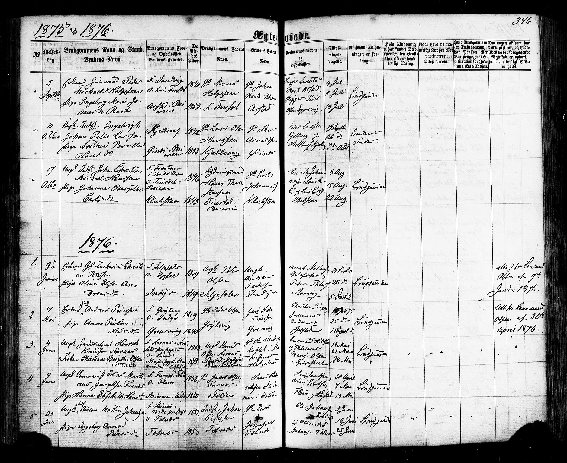 Ministerialprotokoller, klokkerbøker og fødselsregistre - Nordland, SAT/A-1459/805/L0098: Parish register (official) no. 805A05, 1862-1879, p. 346