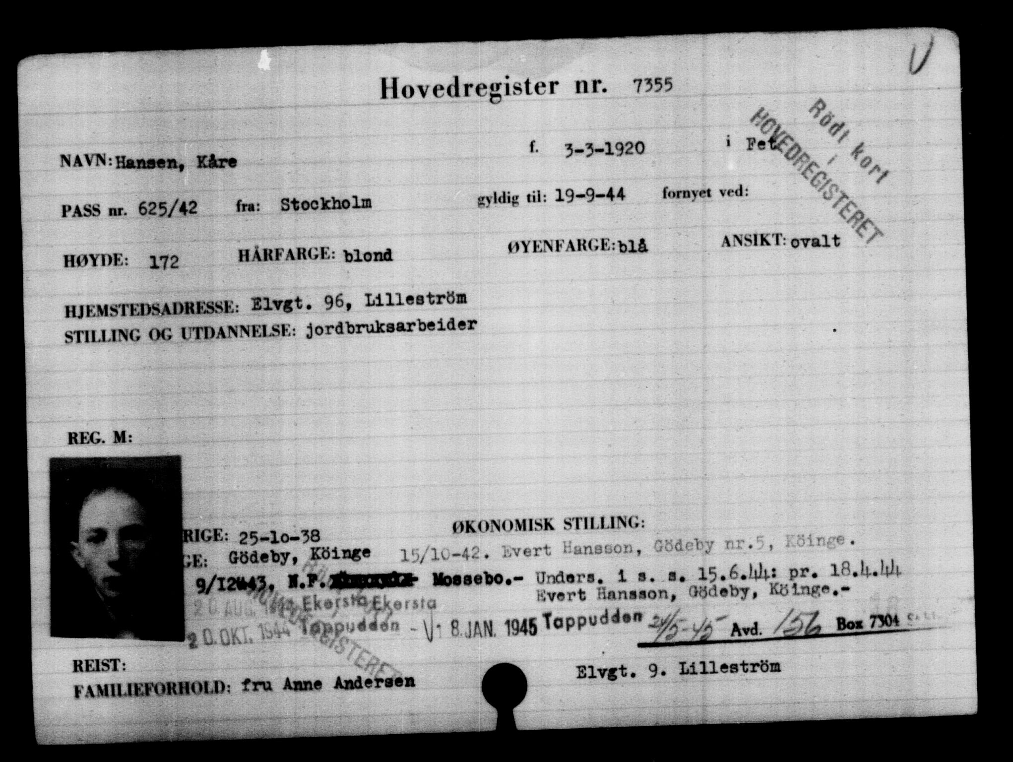 Utenriksstasjonene, Legasjonen i Stockholm, Flyktningkontoret, AV/RA-S-6753/V/Va/L0005: Kjesäterkartoteket, flyktninger med registreringsnr. 6600-9417, 1940-1945, p. 889