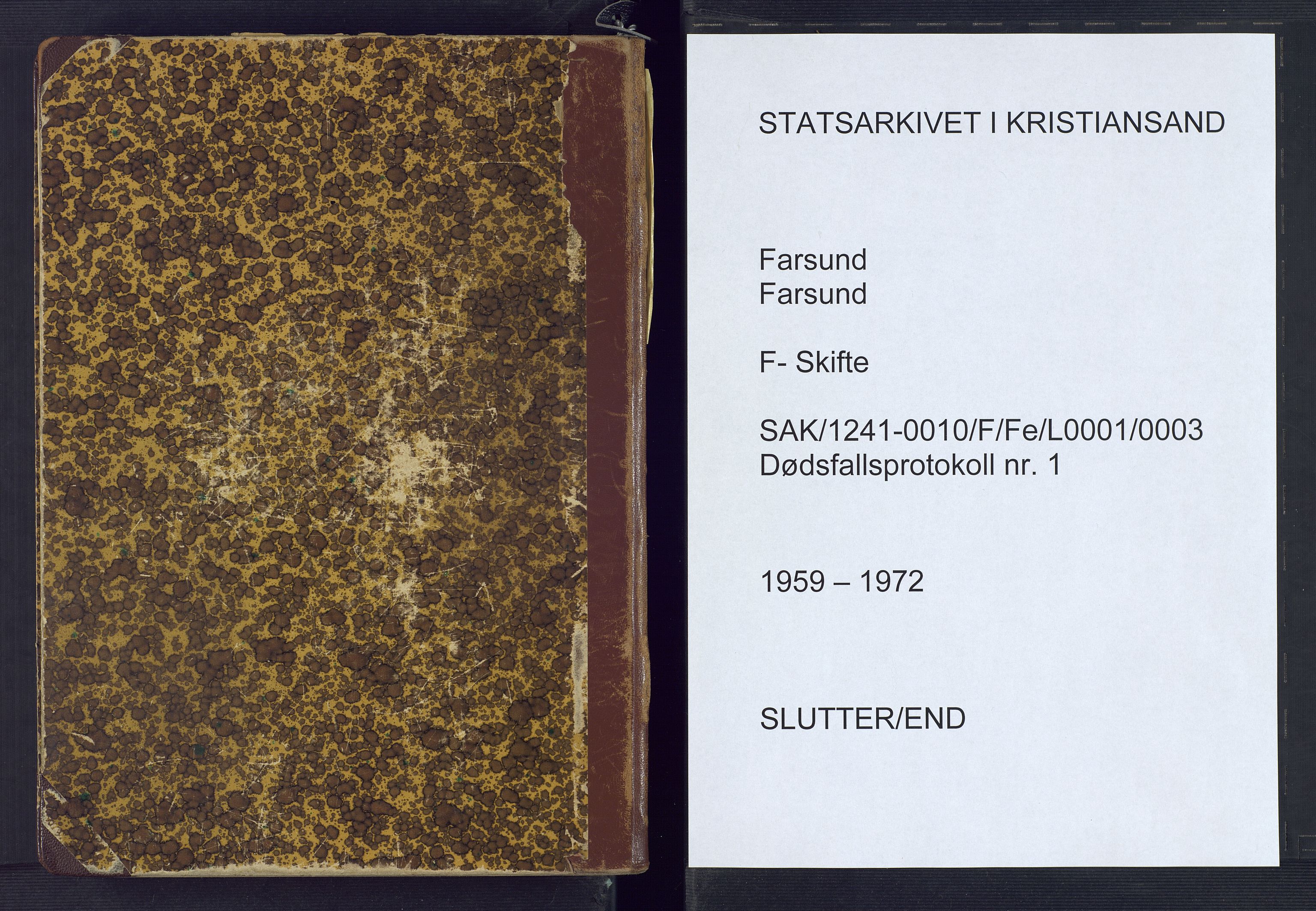 Farsund lensmannskontor, SAK/1241-0010/F/Fe/L0001/0003: Dødsfallsprotokoller / Dødsfallsprotokoll, 1959-1972