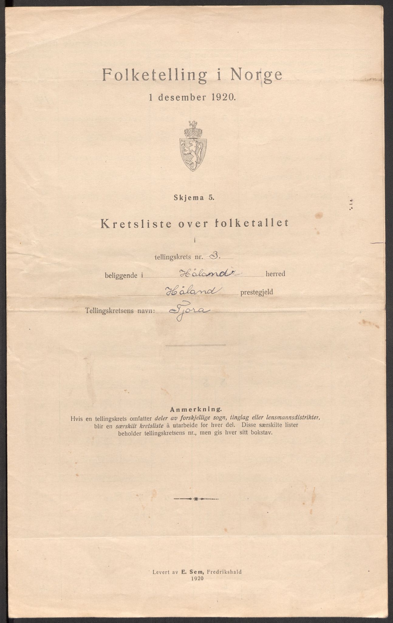 SAST, 1920 census for Håland, 1920, p. 15