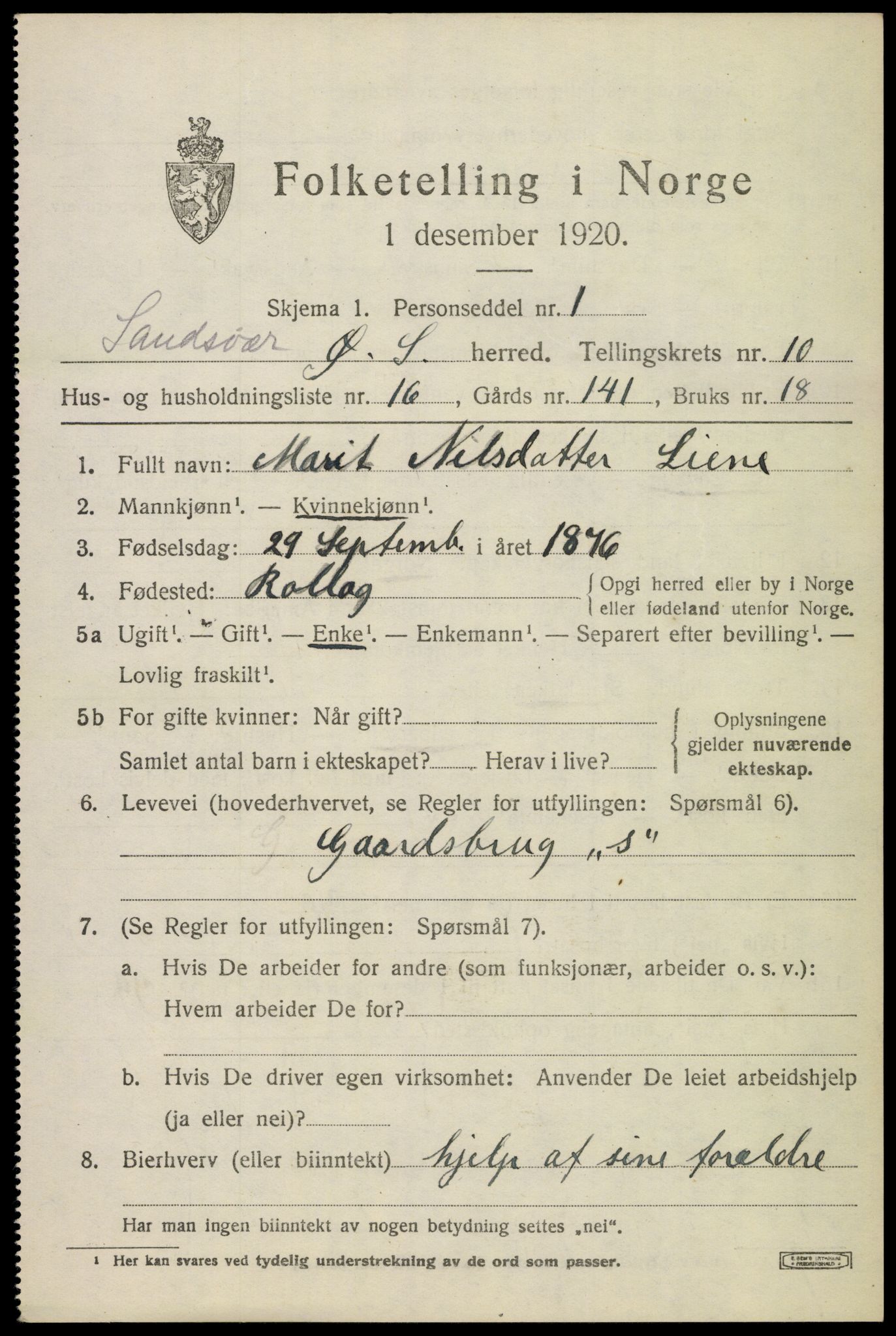 SAKO, 1920 census for Øvre Sandsvær, 1920, p. 5718