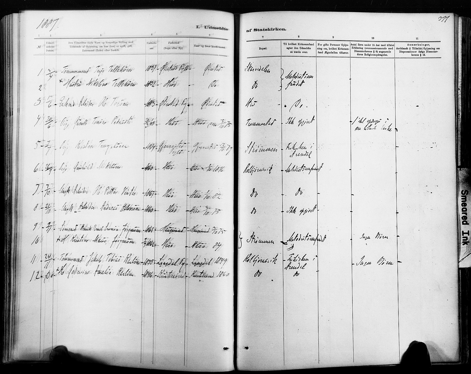 Hisøy sokneprestkontor, AV/SAK-1111-0020/F/Fa/L0003: Parish register (official) no. A 3, 1881-1894, p. 377