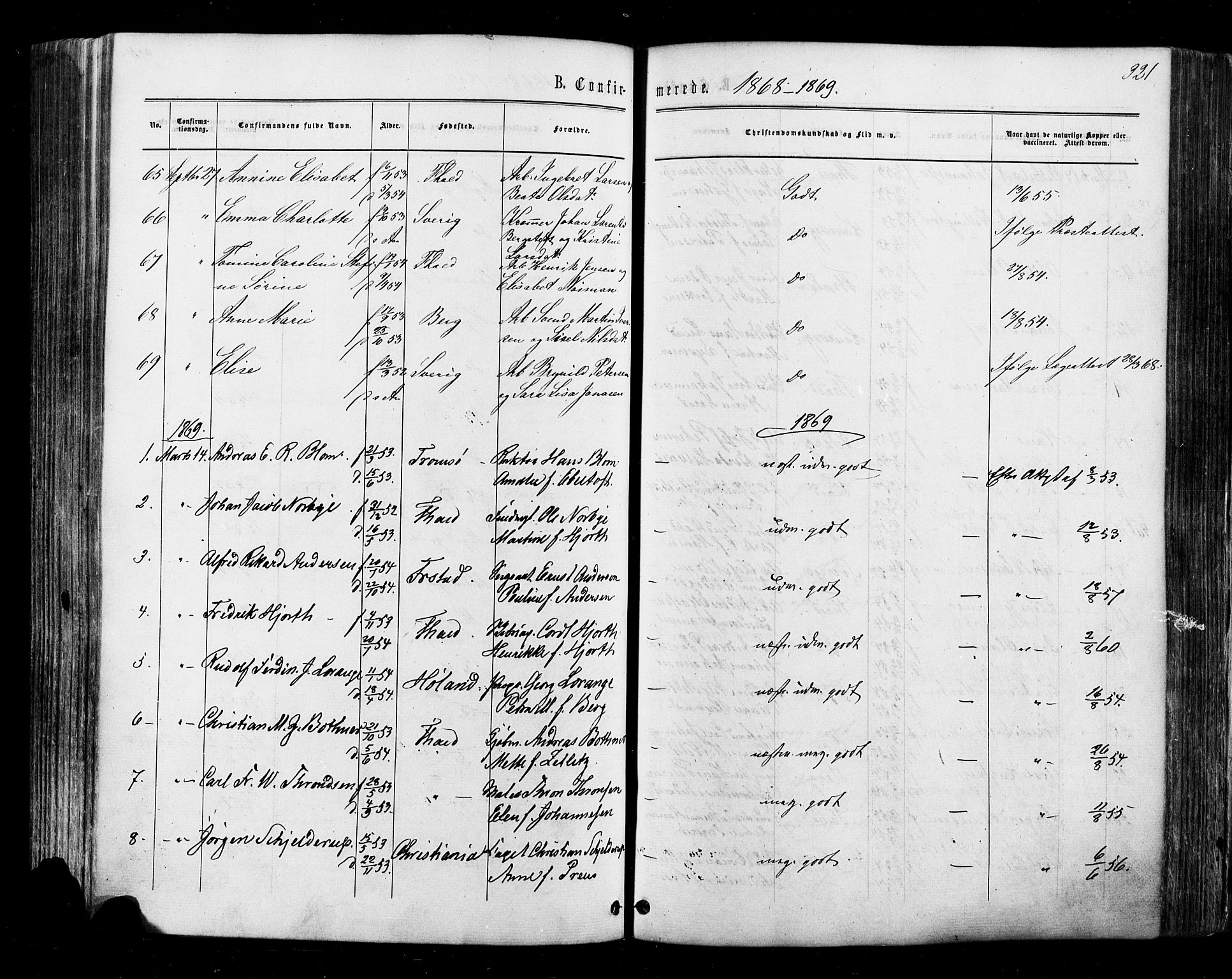 Halden prestekontor Kirkebøker, SAO/A-10909/F/Fa/L0009: Parish register (official) no. I 9, 1866-1877, p. 321