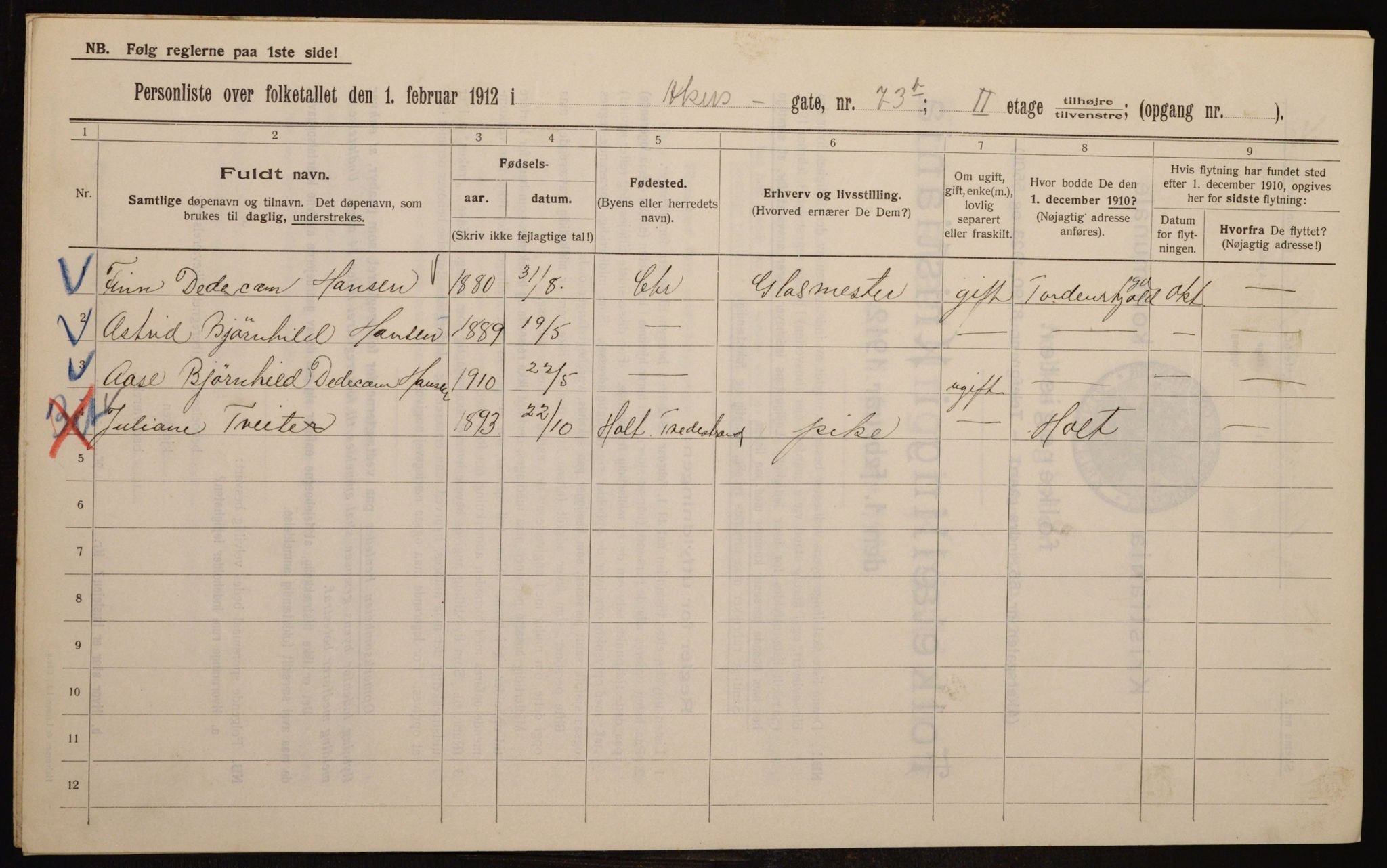 OBA, Municipal Census 1912 for Kristiania, 1912, p. 819