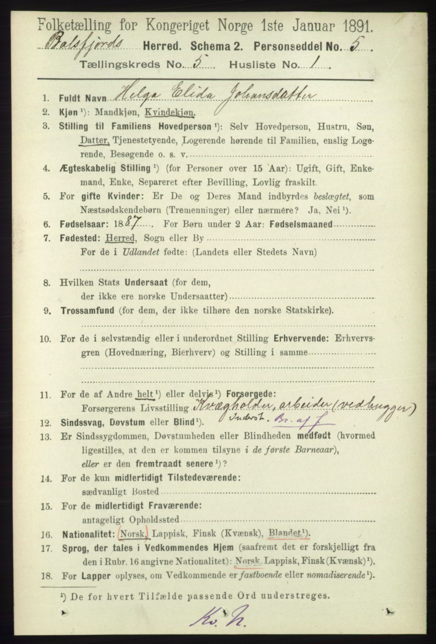 RA, 1891 census for 1933 Balsfjord, 1891, p. 1433