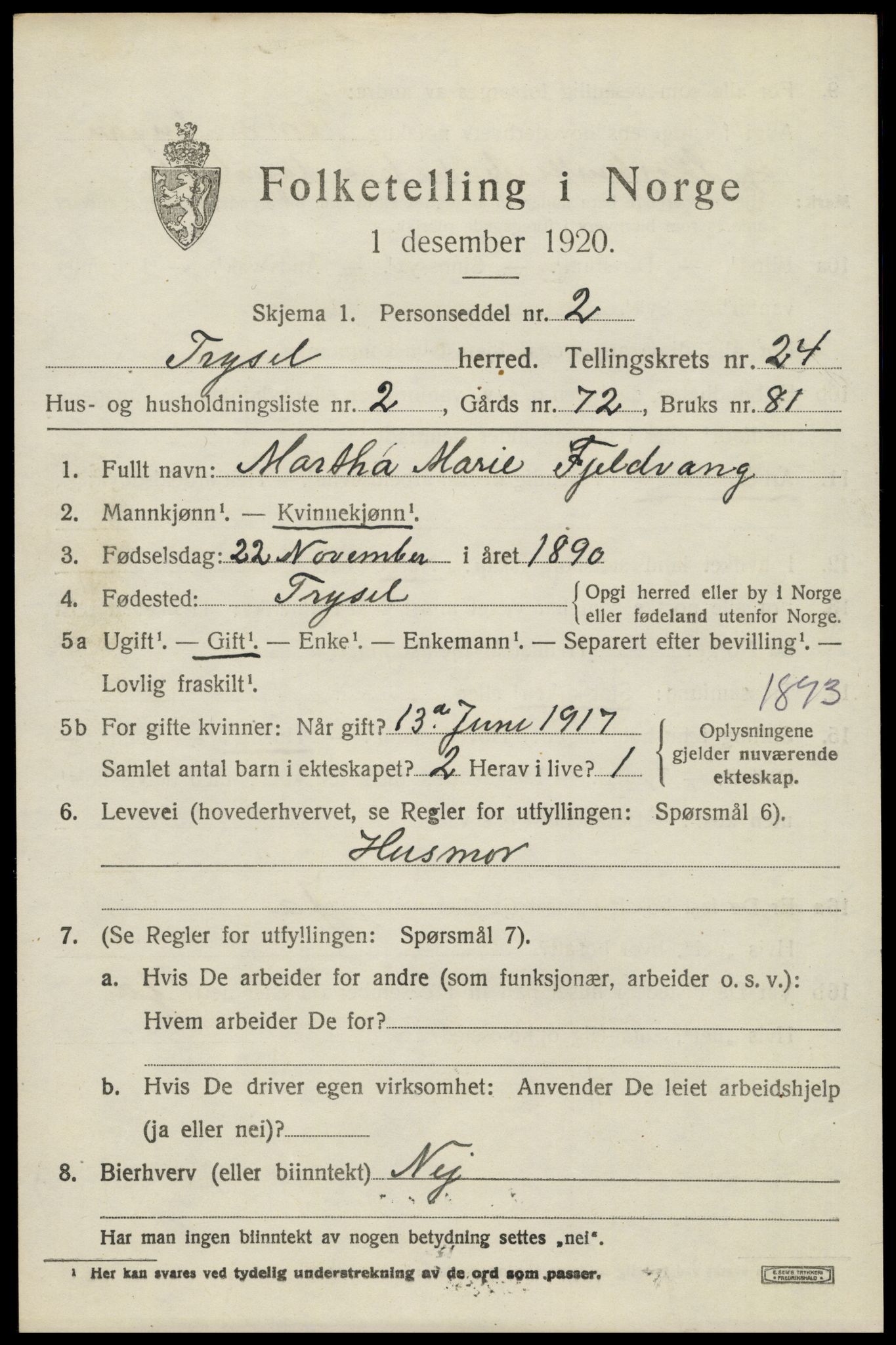 SAH, 1920 census for Trysil, 1920, p. 15227
