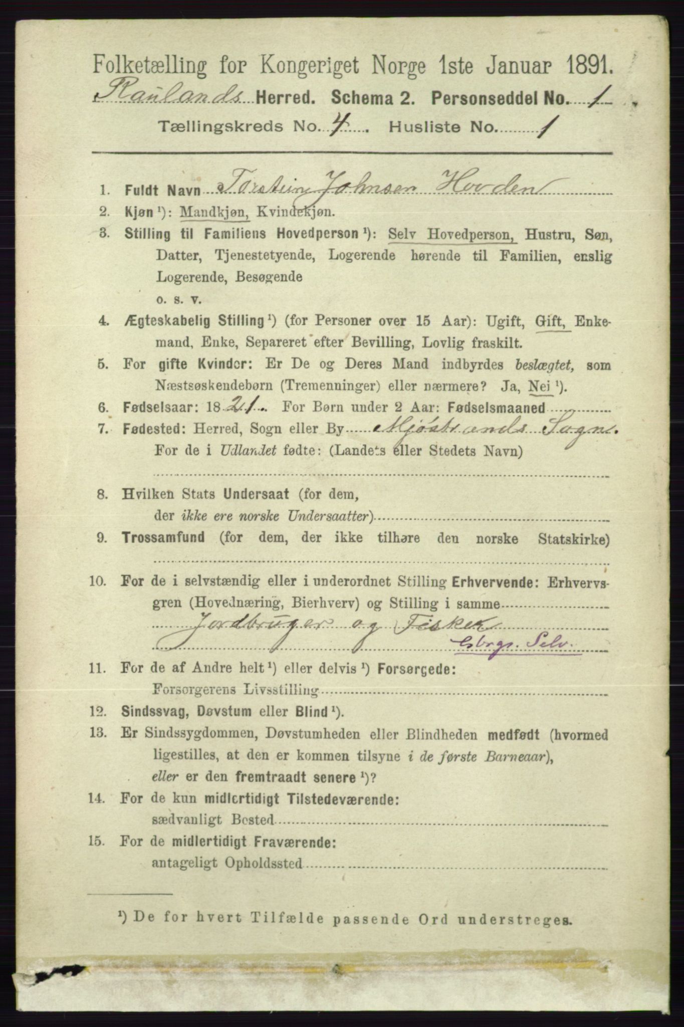 RA, 1891 census for 0835 Rauland, 1891, p. 1012