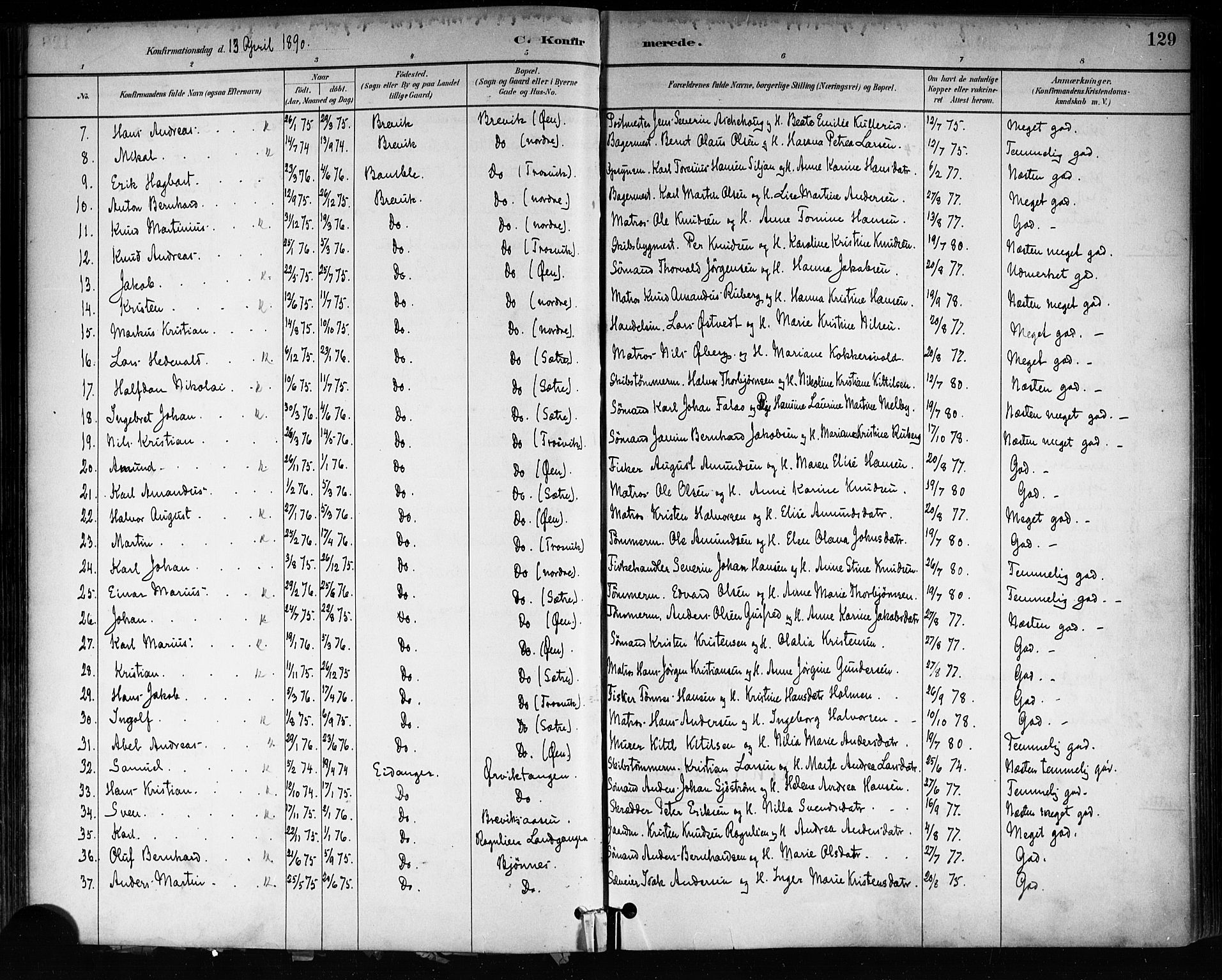 Brevik kirkebøker, SAKO/A-255/F/Fa/L0007: Parish register (official) no. 7, 1882-1900, p. 129