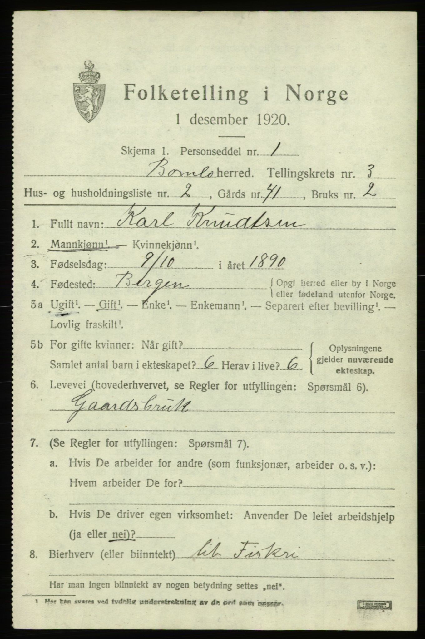 SAB, 1920 census for Bømlo, 1920, p. 2457