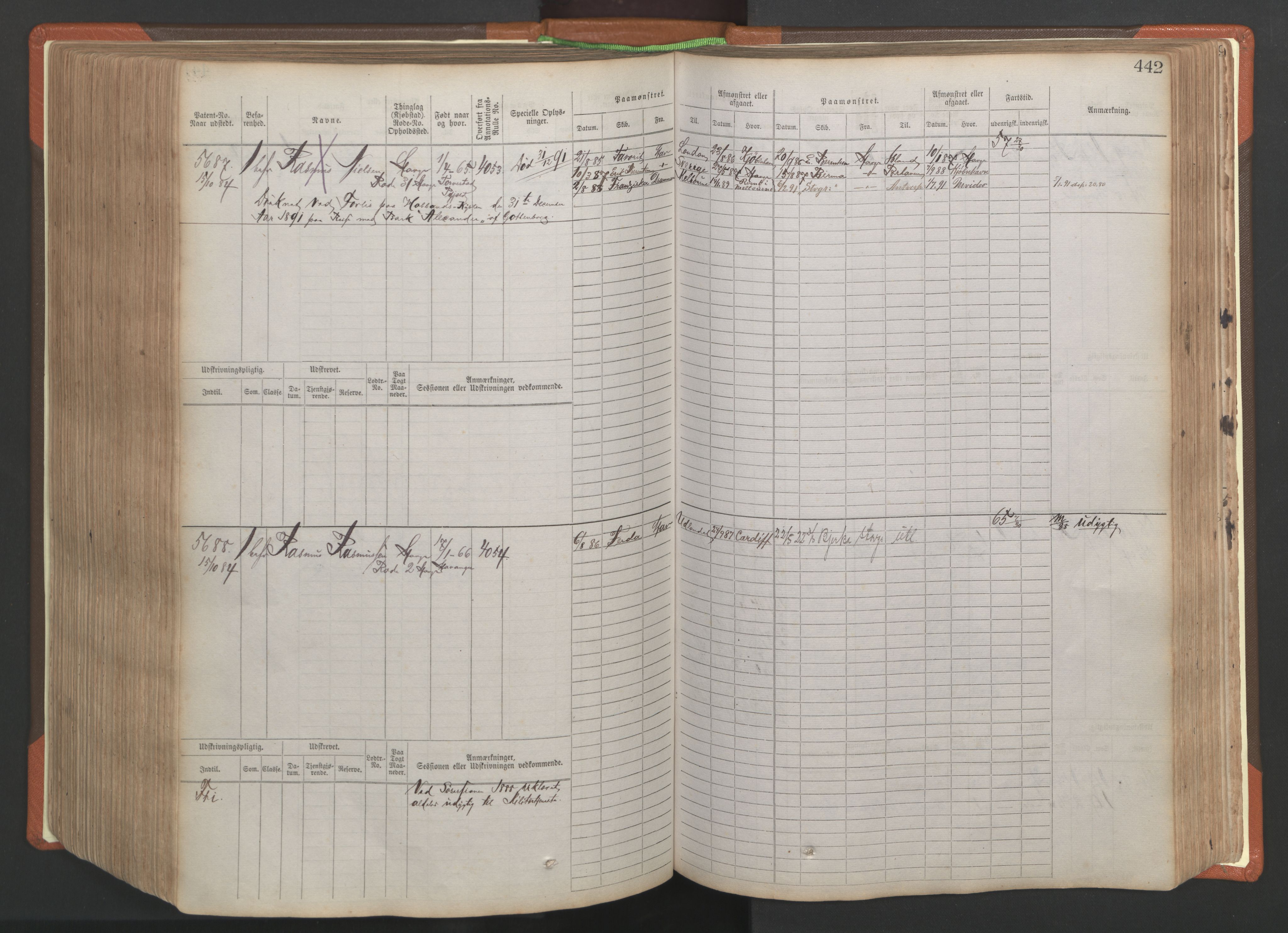 Stavanger sjømannskontor, AV/SAST-A-102006/F/Fb/Fbb/L0009: Sjøfartshovedrulle, patentnr. 4805-6006, 1879-1887, p. 448