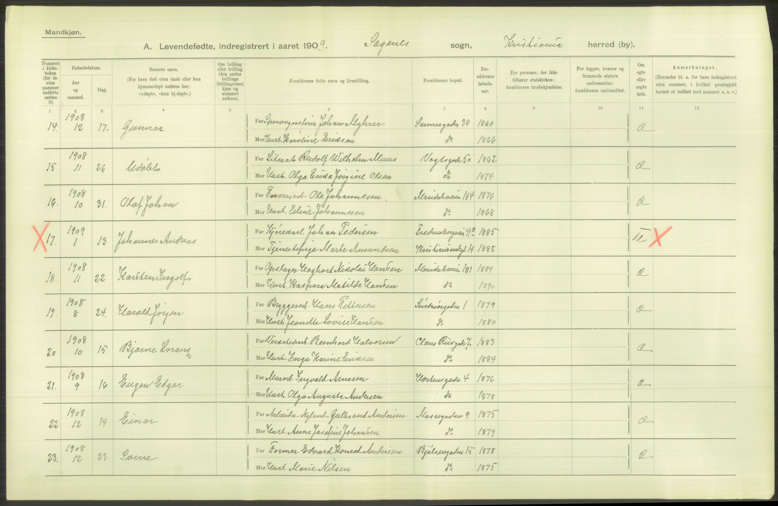 Statistisk sentralbyrå, Sosiodemografiske emner, Befolkning, AV/RA-S-2228/D/Df/Dfa/Dfag/L0007: Kristiania: Levendefødte menn og kvinner., 1909, p. 320